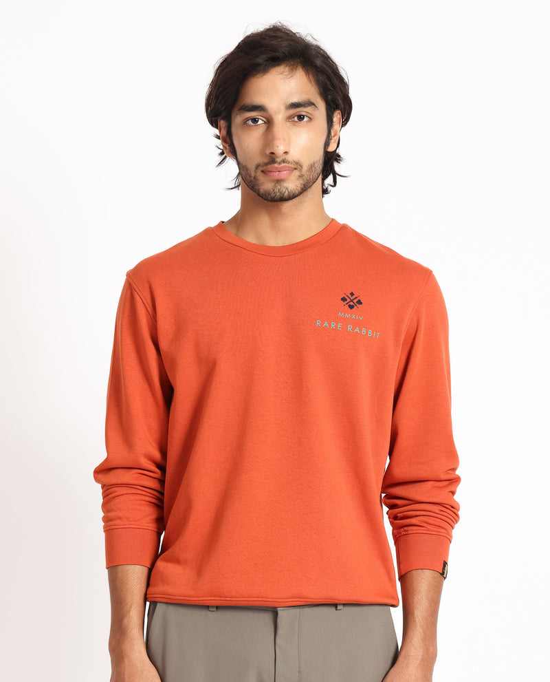 RARE RABBIT MENS CERDON RUST SWEATSHIRT COTTON POLYESTER TERRY FABRIC ROUND NECK KNITTED FULL SLEEVES COMFORTABLE FIT