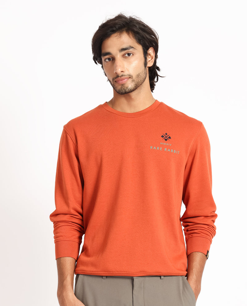 Rare Rabbit Men's Cerdon Rust Cotton Polyester Fabric Full Sleeves Graphic Branding Print Knitted Sweatshirt