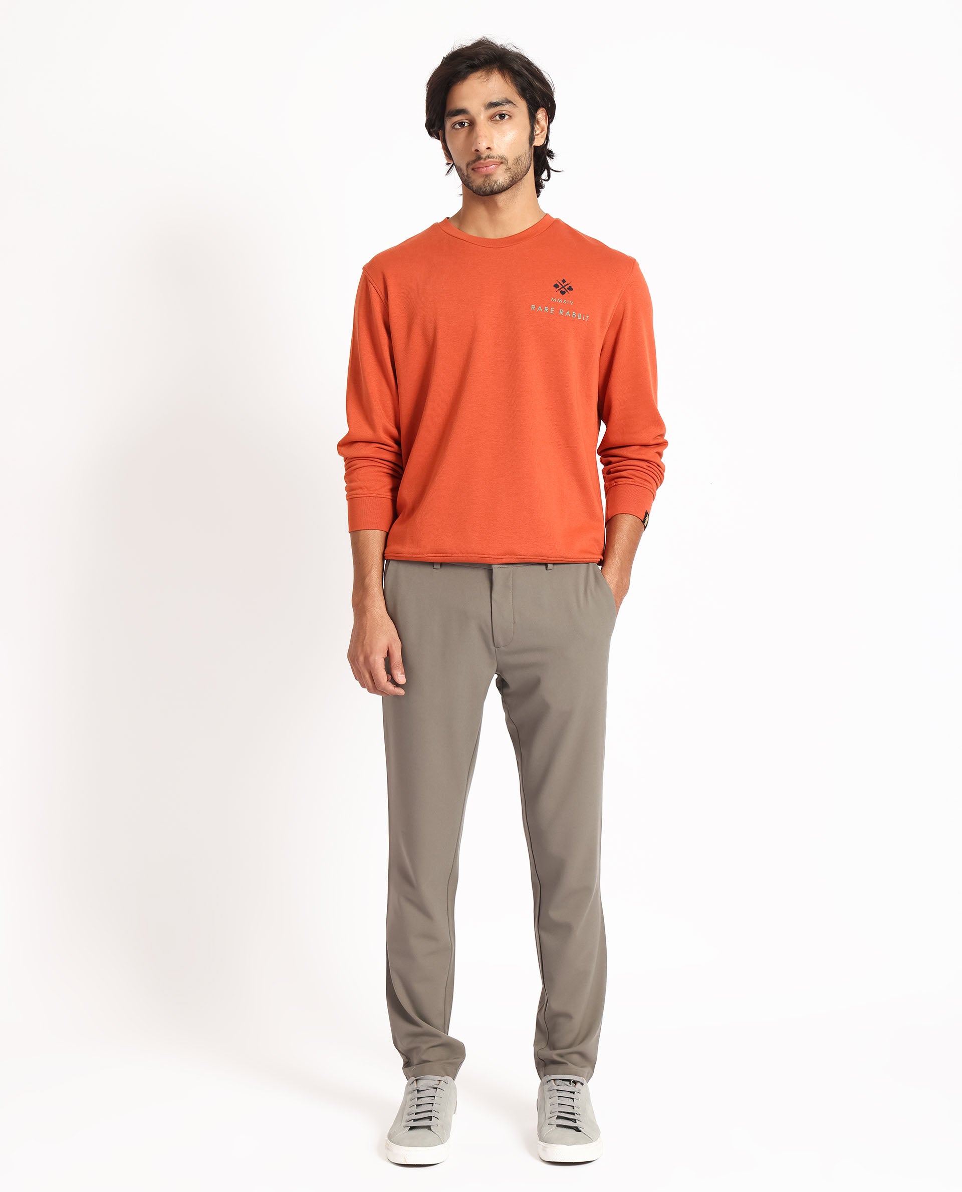 Rare Rabbit Men's Cerdon Rust Cotton Polyester Fabric Full Sleeves Graphic Branding Print Knitted Sweatshirt