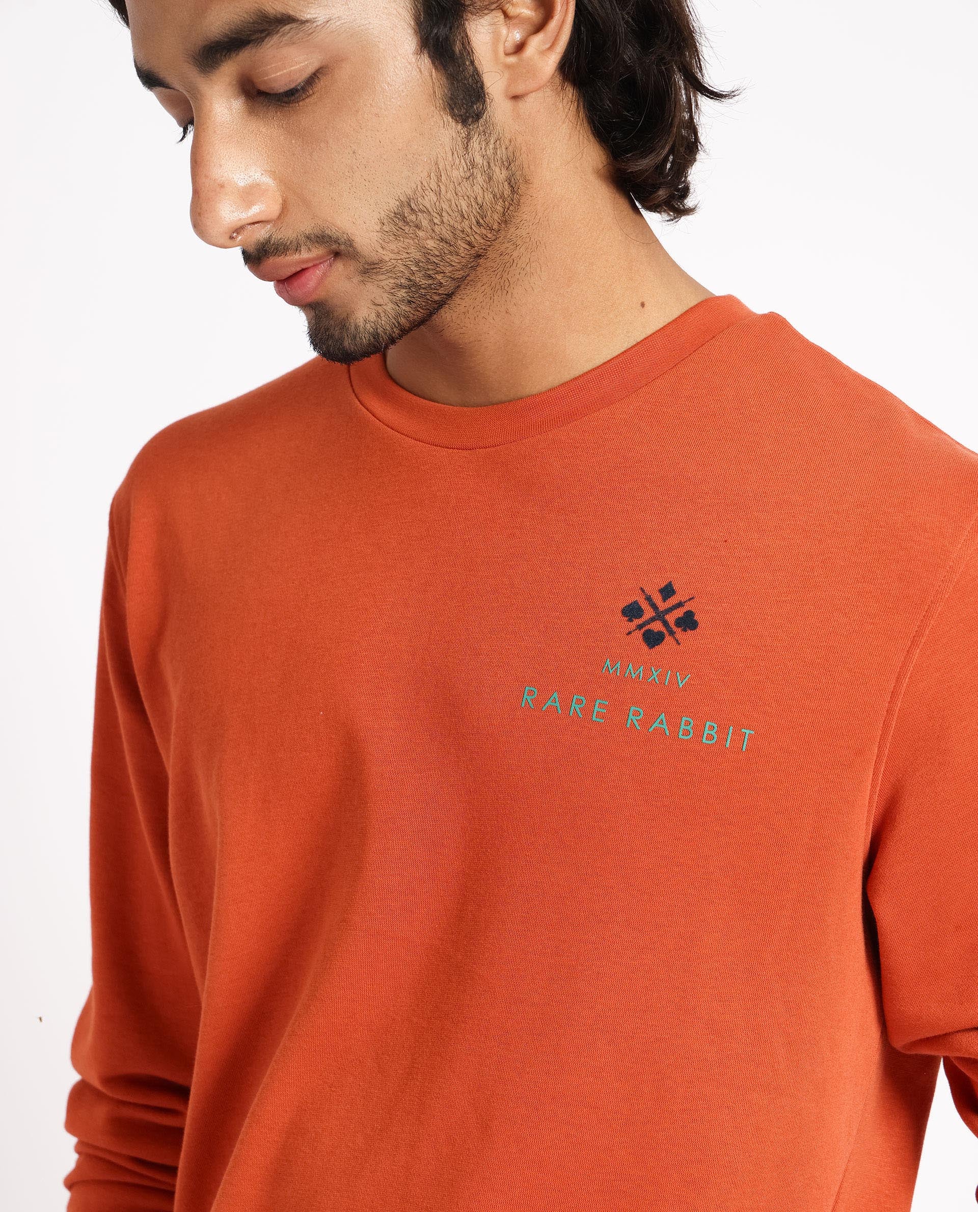 Rare Rabbit Men's Cerdon Rust Cotton Polyester Fabric Full Sleeves Graphic Branding Print Knitted Sweatshirt