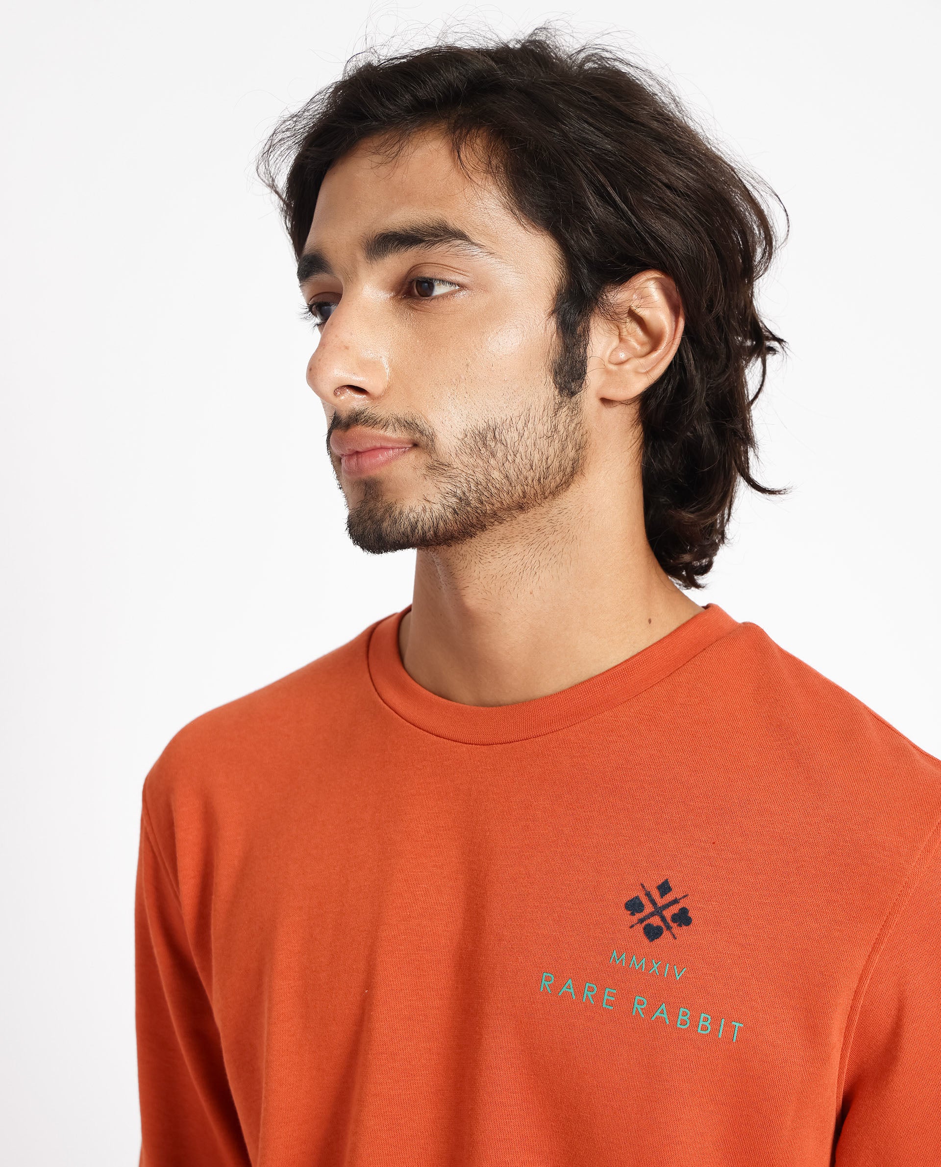 Rare Rabbit Men's Cerdon Rust Cotton Polyester Fabric Full Sleeves Graphic Branding Print Knitted Sweatshirt