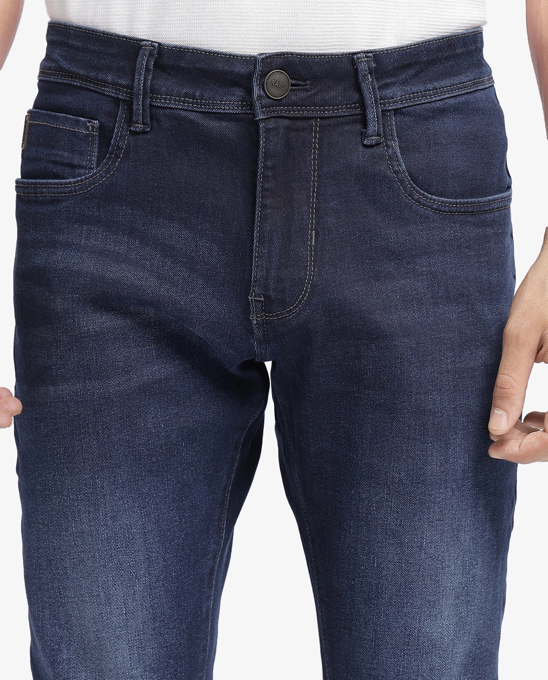 Rare Rabbit Mens Star Dark Navy Jeans Cotton Distressed Polyester Solid Slim Fit