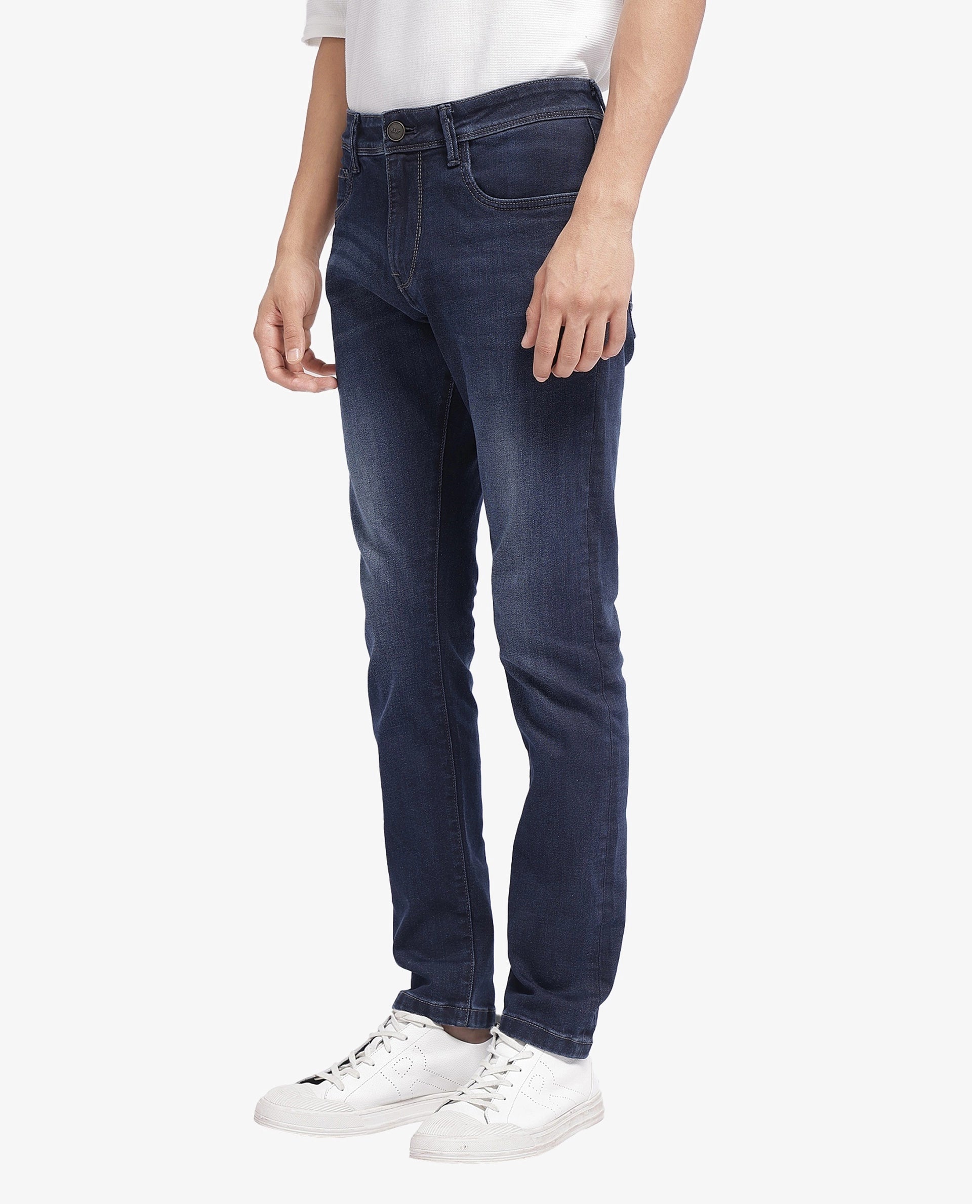 Rare Rabbit Mens Star Dark Navy Jeans Cotton Distressed Polyester Solid Slim Fit