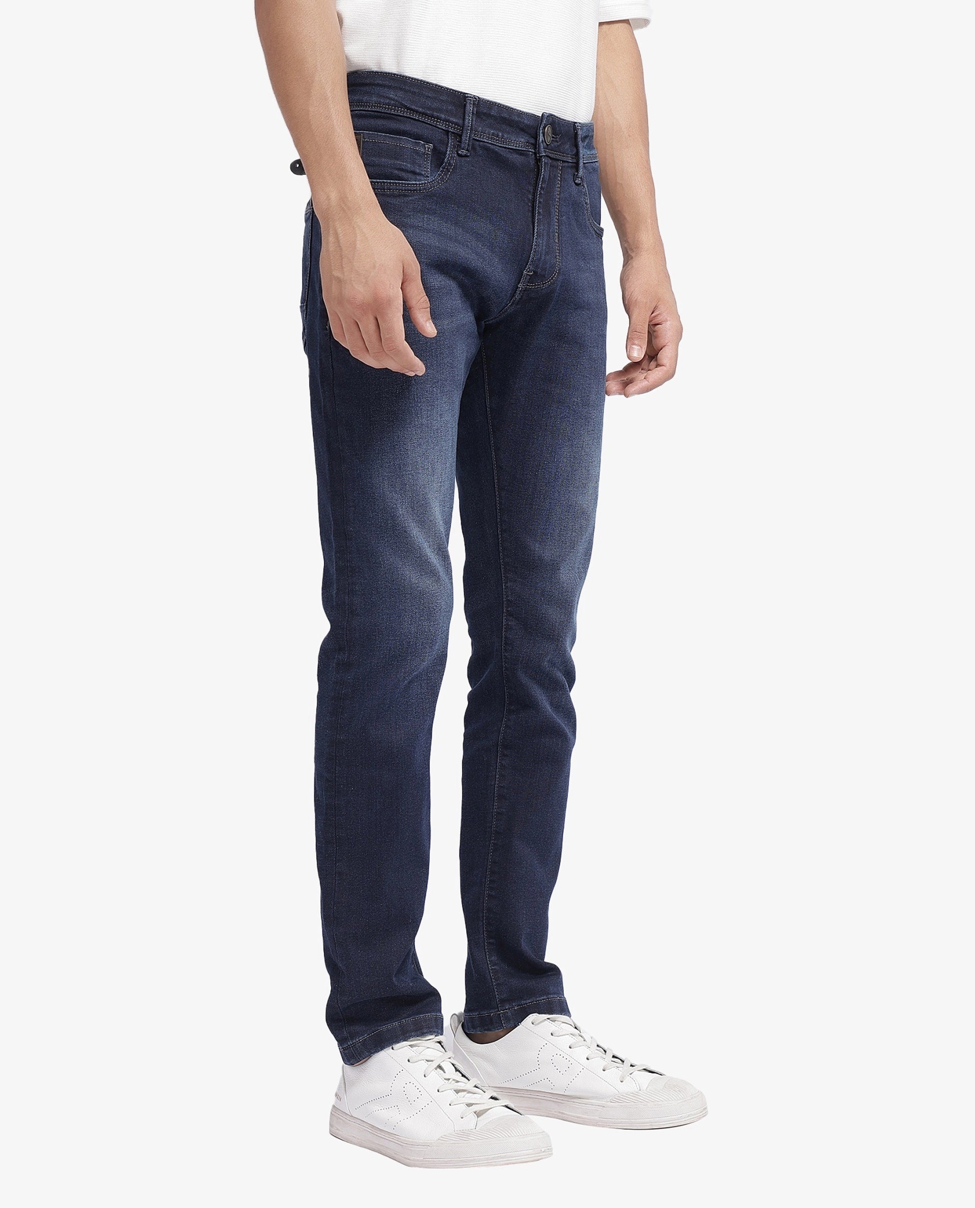 Rare Rabbit Mens Star Dark Navy Jeans Cotton Distressed Polyester Solid Slim Fit