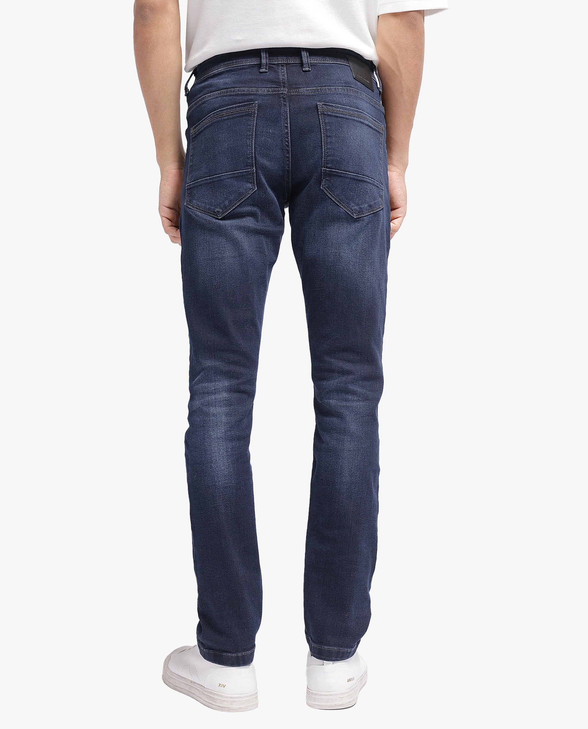 Rare Rabbit Mens Star Dark Navy Jeans Cotton Distressed Polyester Solid Slim Fit