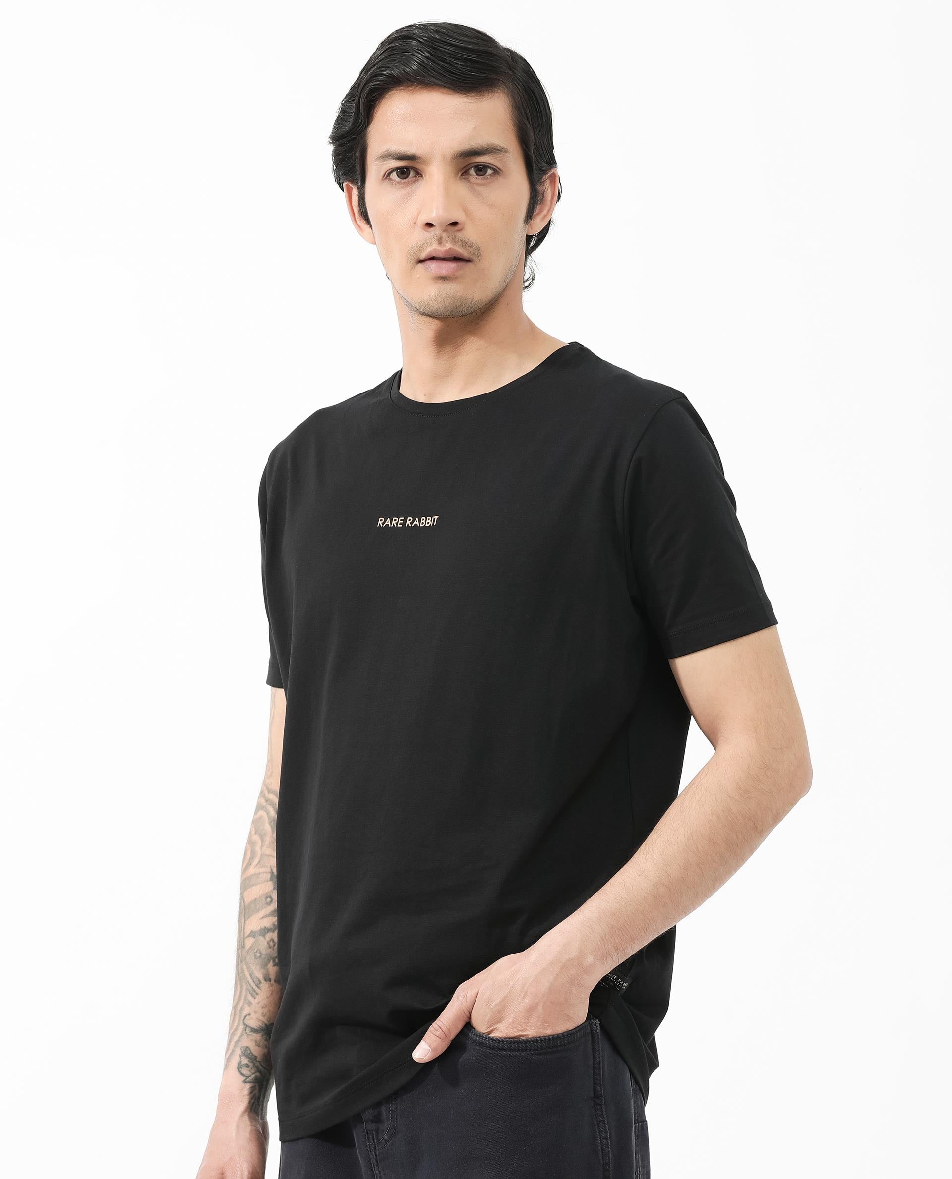 Rare Rabbit Articale Mens Stark Black Cotton Polyester Fabric Short Sleeve Crew Neck Slim Fit Printed T-Shirt