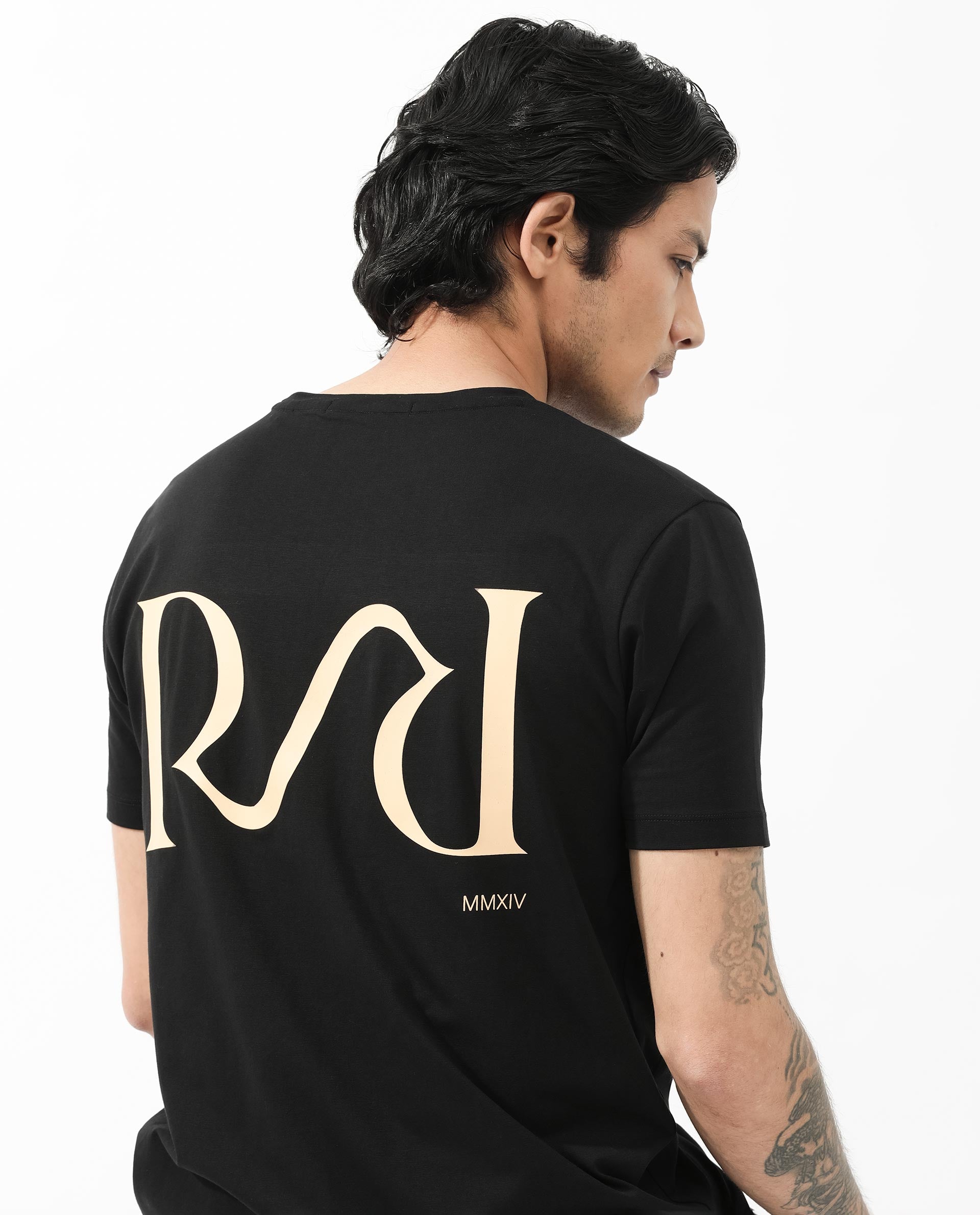 Rare Rabbit Articale Mens Stark Black Cotton Polyester Fabric Short Sleeve Crew Neck Slim Fit Printed T-Shirt