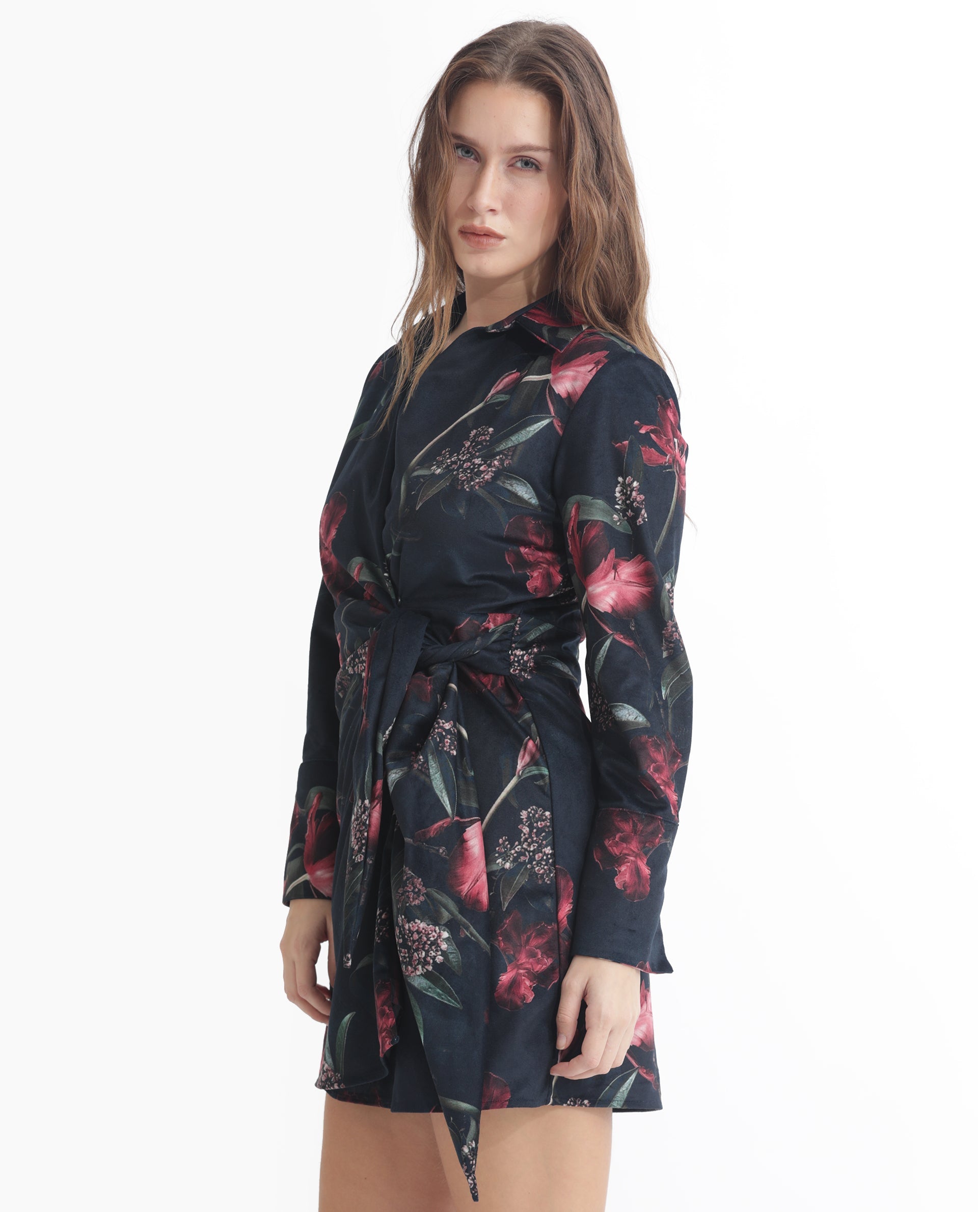 Rareism Women Starle Black Printed V Neck Full Sleeves Wrap Mini Dress