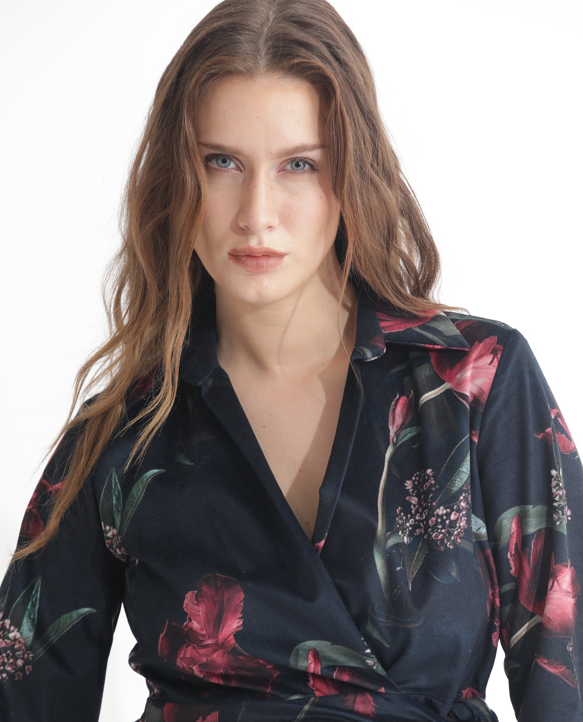 Rareism Women Starle Black Printed V Neck Full Sleeves Wrap Mini Dress