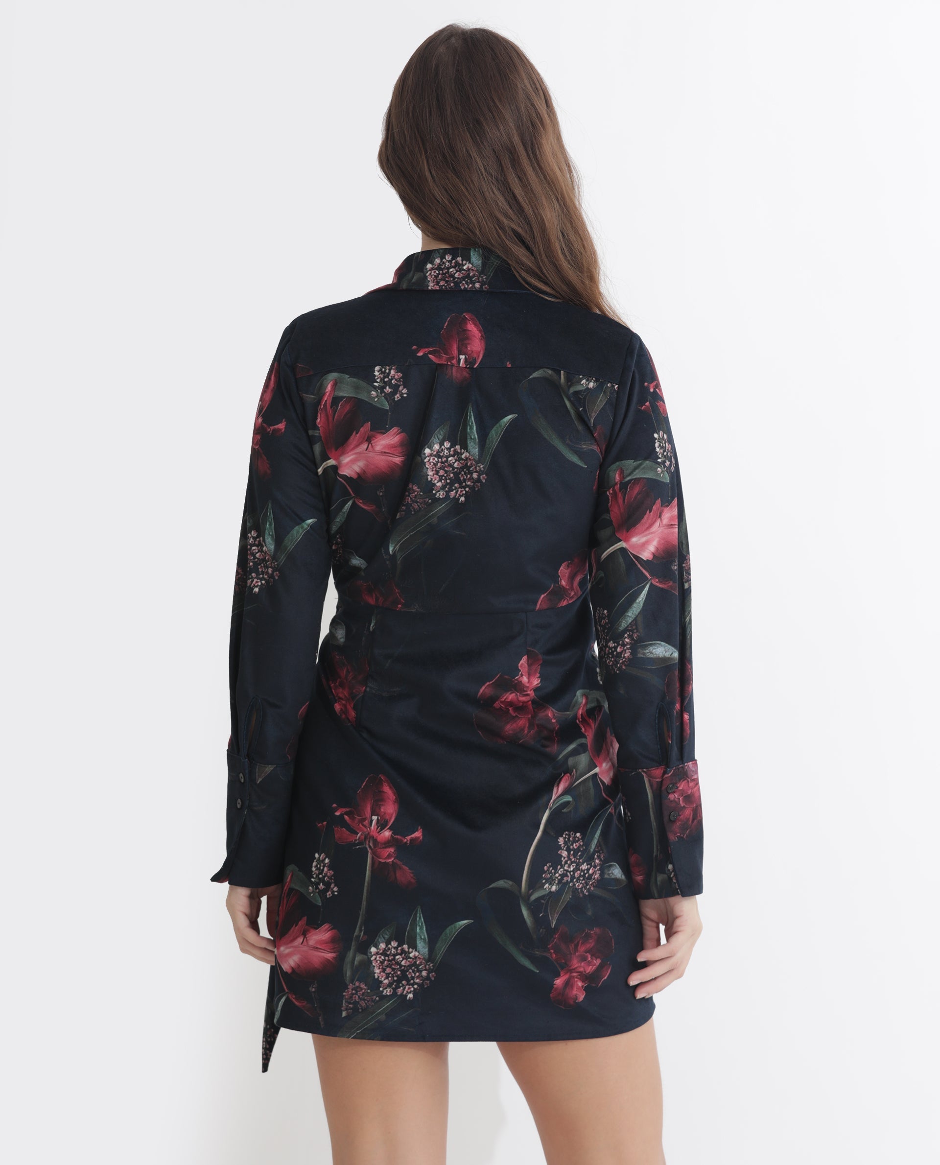 Rareism Women Starle Black Printed V Neck Full Sleeves Wrap Mini Dress