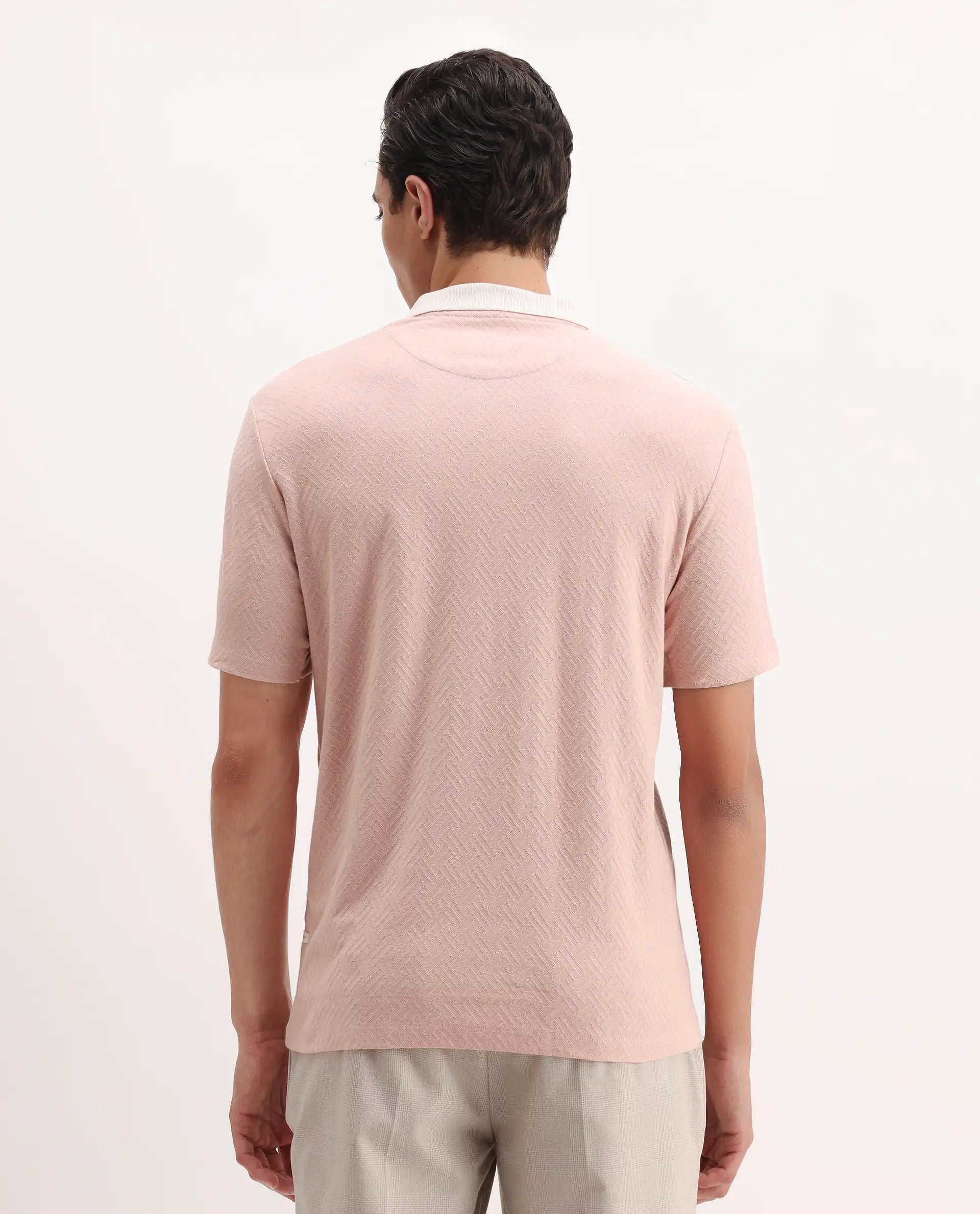 Rare Rabbit Men's State-1 Pastel Pink Cotton Jacquard Regular Fit Half Sleeve Polo