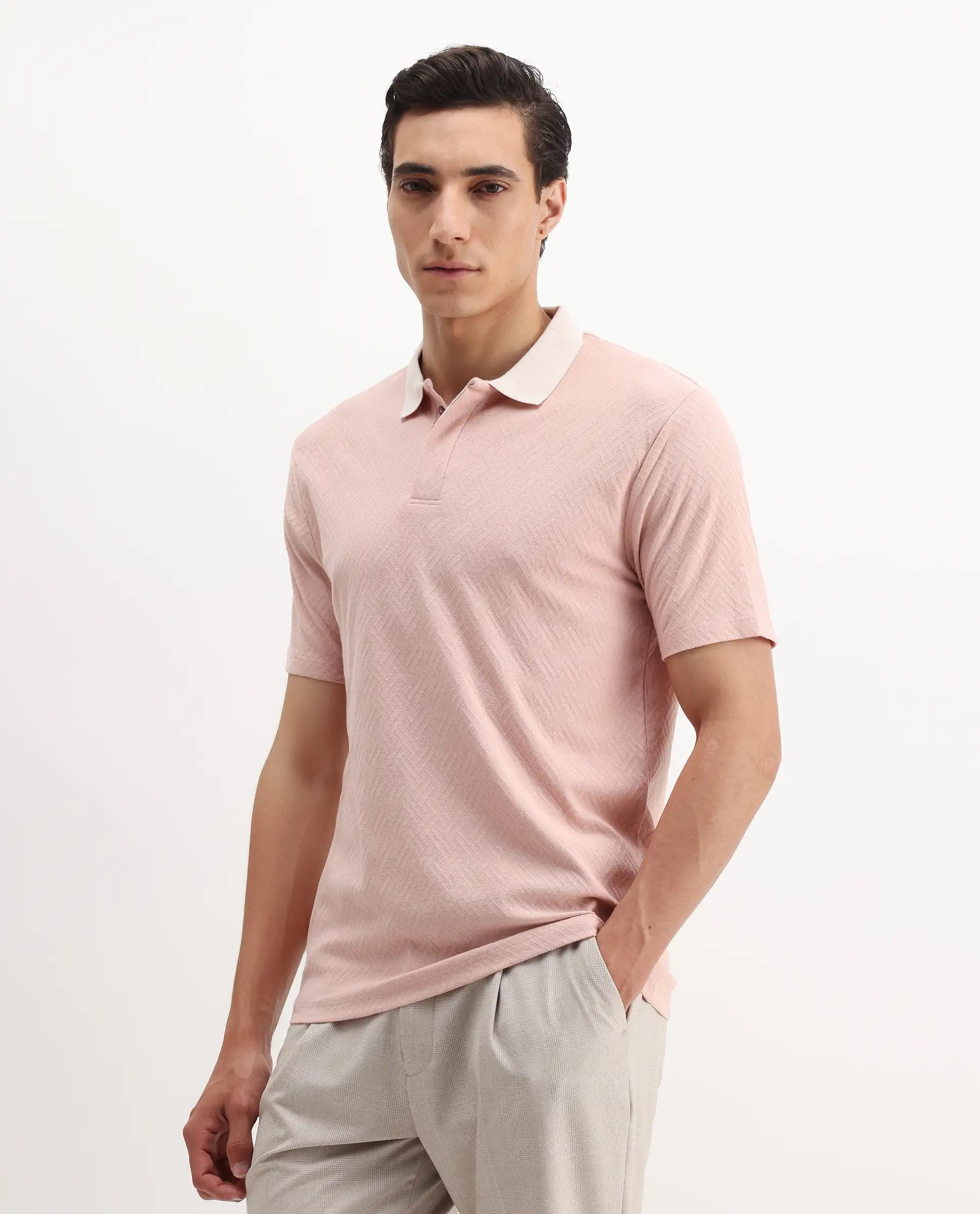 Rare Rabbit Men's State-1 Pastel Pink Cotton Jacquard Regular Fit Half Sleeve Polo