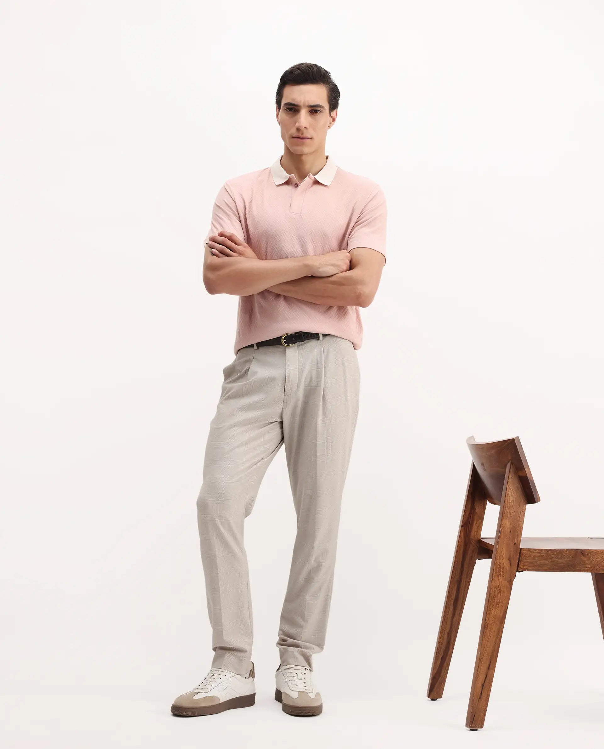 Rare Rabbit Men's State-1 Pastel Pink Cotton Jacquard Regular Fit Half Sleeve Polo