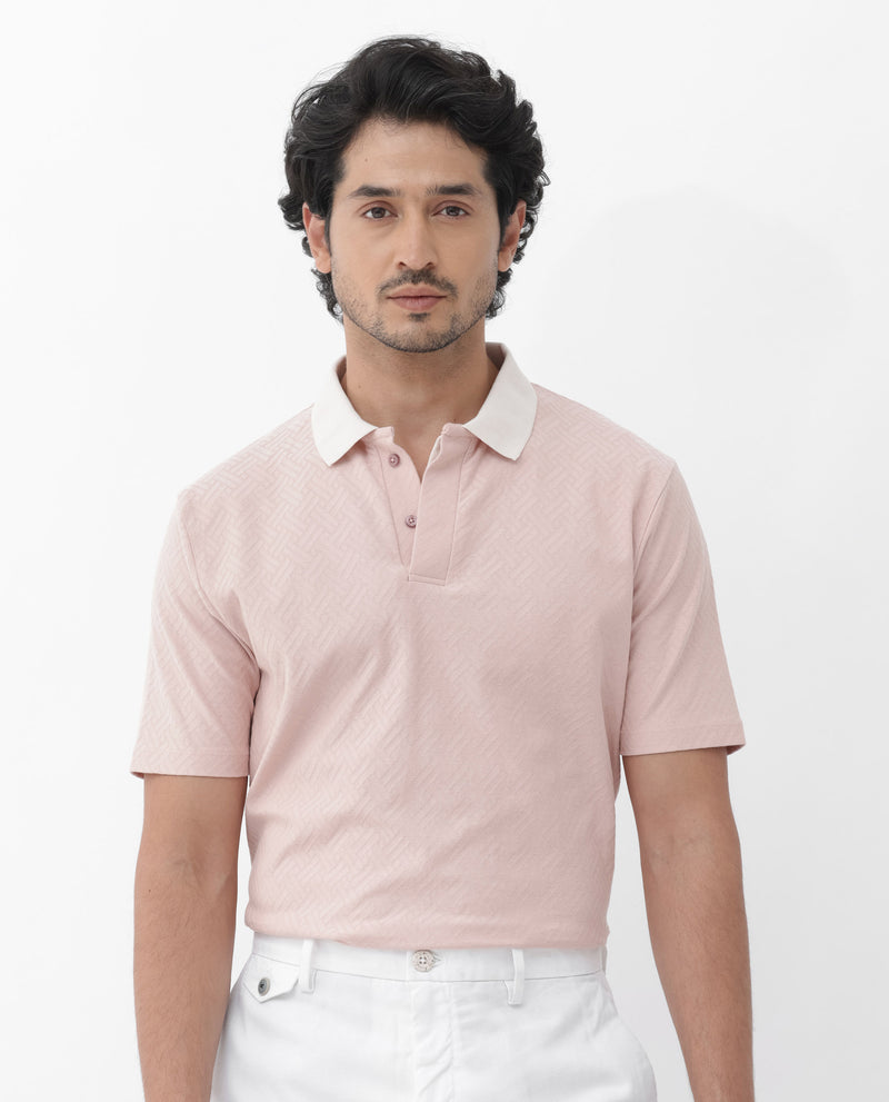 Rare Rabbit Mens State Pastel Pink Short Sleeves Solid Jacquard Print Polo T-Shirt