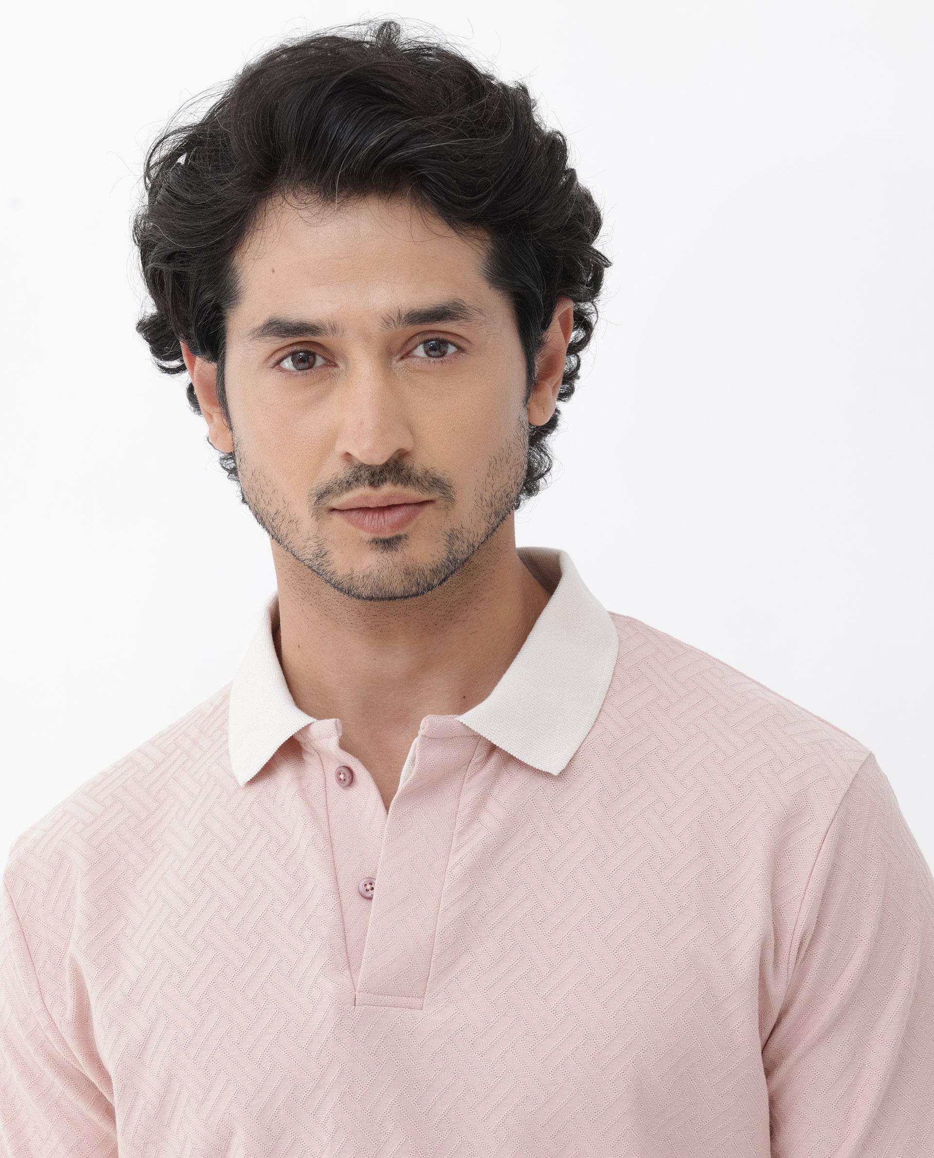 Rare Rabbit Mens State Pastel Pink Short Sleeves Solid Jacquard Print Polo T-Shirt