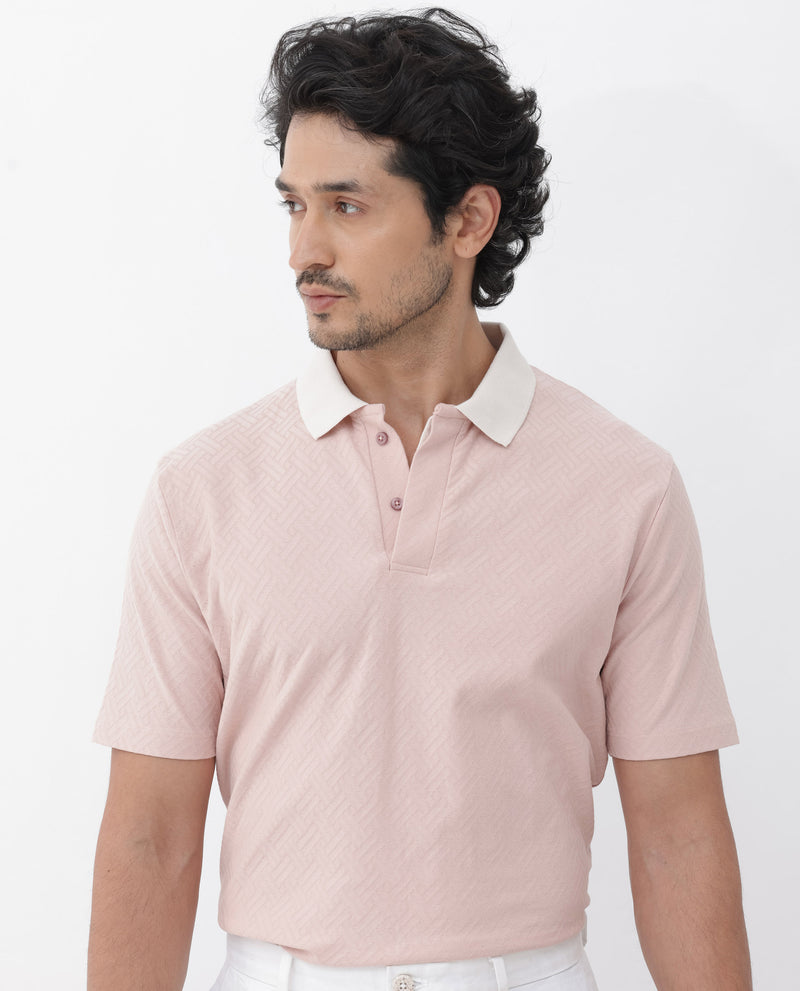 Rare Rabbit Mens State Pastel Pink Short Sleeves Solid Jacquard Print Polo T-Shirt