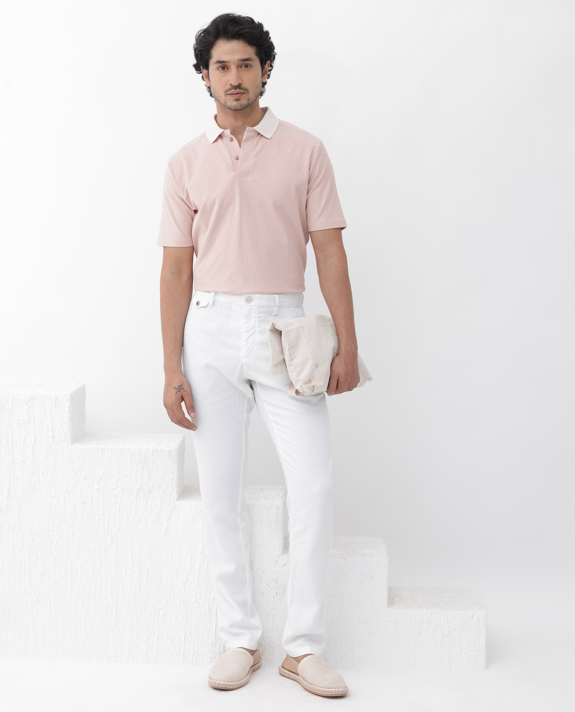 Rare Rabbit Mens State Pastel Pink Short Sleeves Solid Jacquard Print Polo T-Shirt