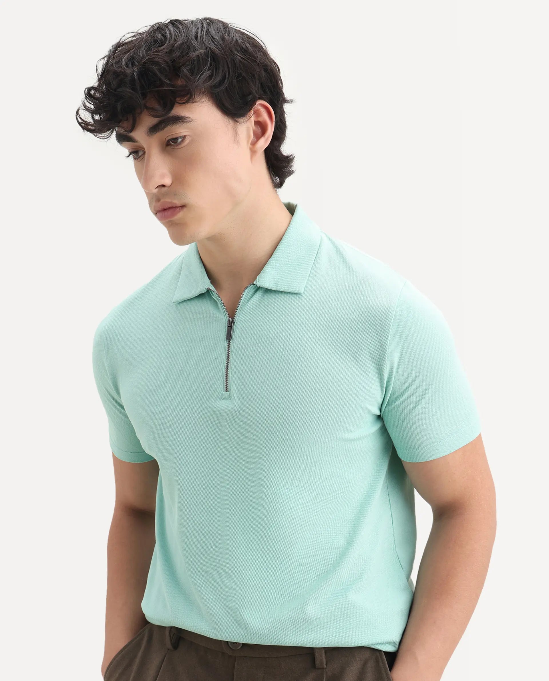 Rare Rabbit Men's Stel Pastel Green Cotton Plain Regular Fit Half Sleeve Polo