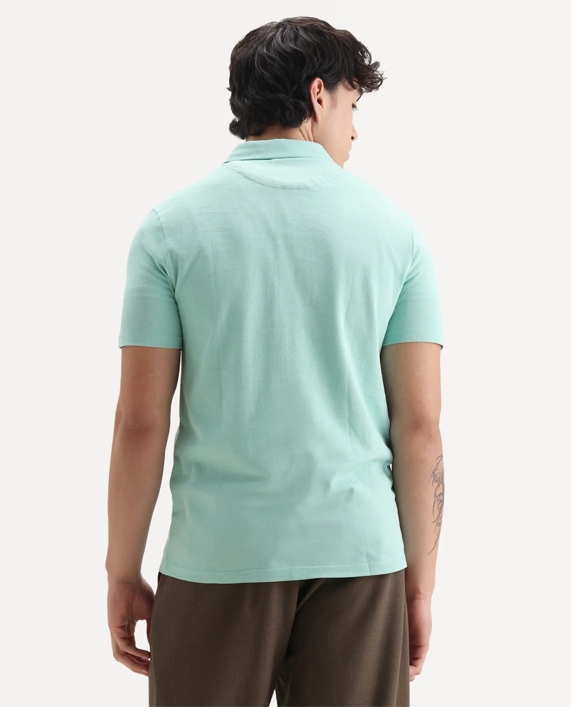 Rare Rabbit Men's Stel Pastel Green Cotton Plain Regular Fit Half Sleeve Polo