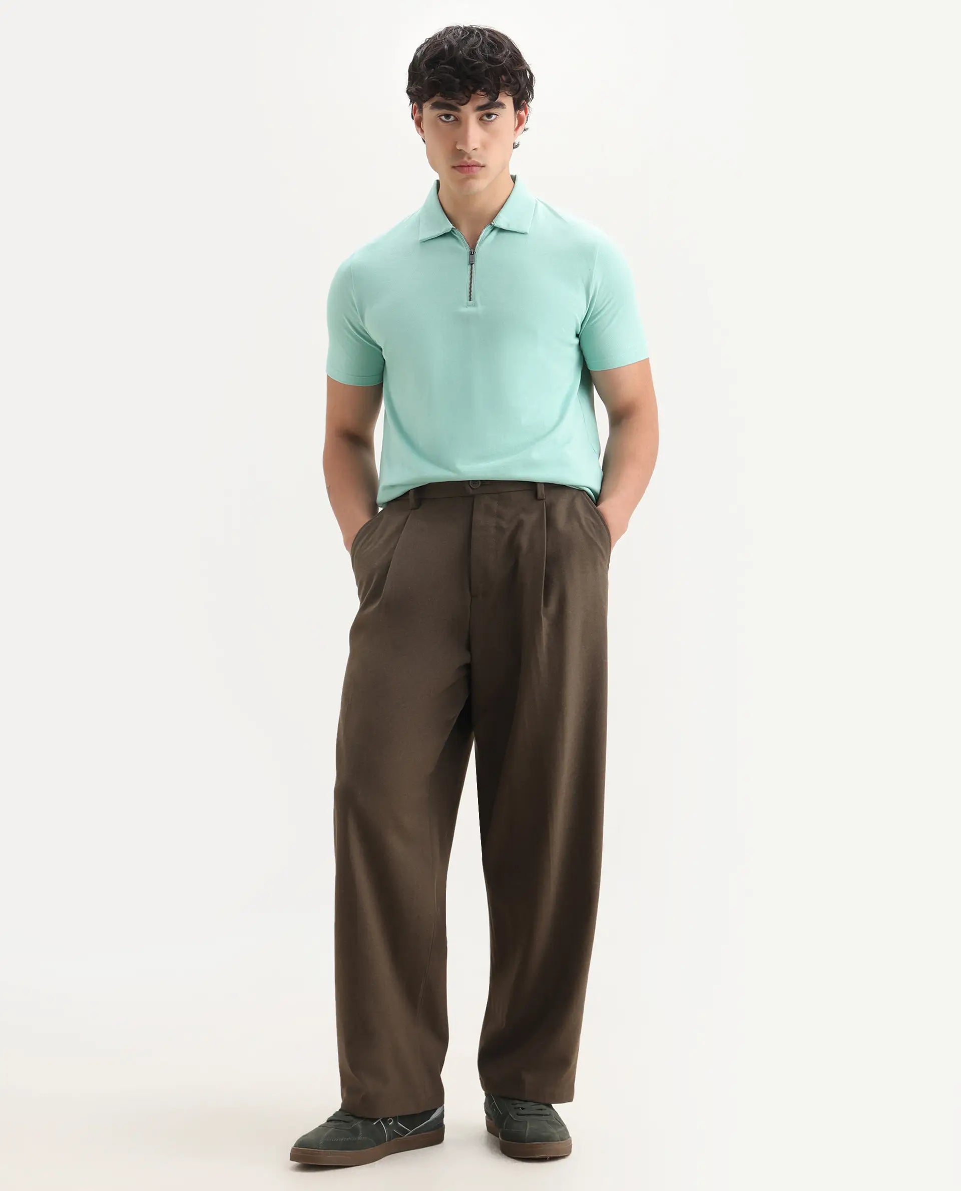 Rare Rabbit Men's Stel Pastel Green Cotton Plain Regular Fit Half Sleeve Polo