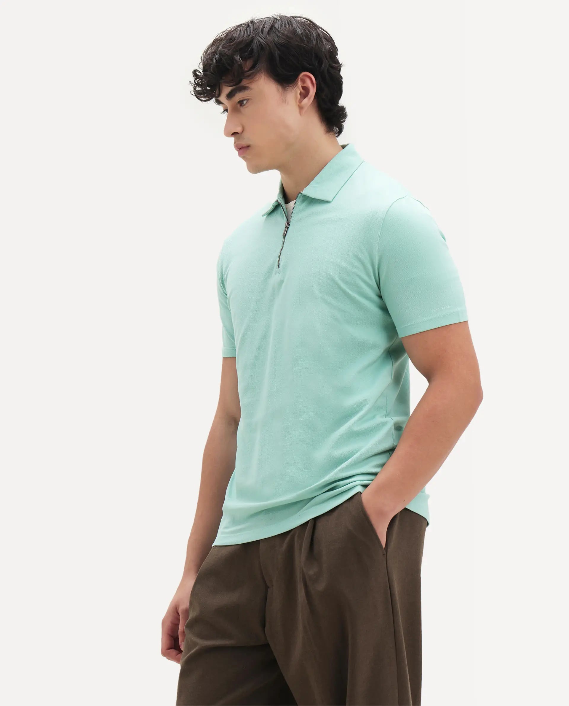 Rare Rabbit Men's Stel Pastel Green Cotton Plain Regular Fit Half Sleeve Polo
