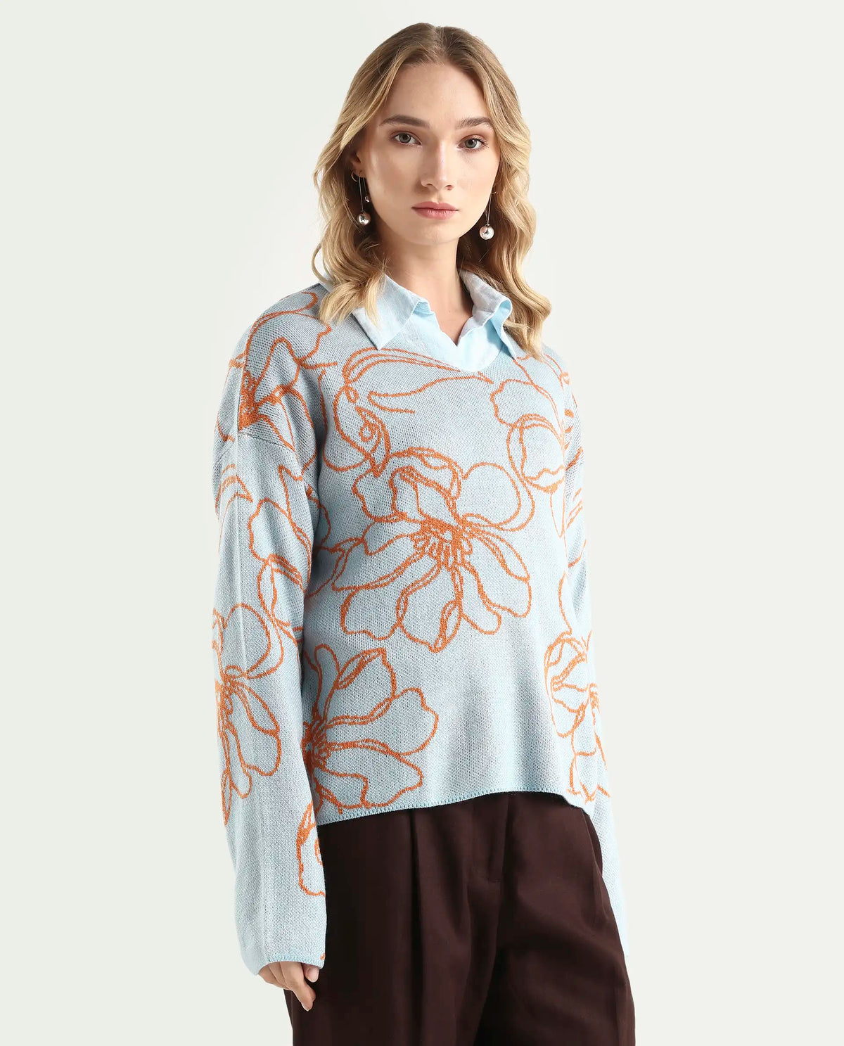 Rareism Women's Stellan Blue Acrylic Boat Neck Floral Print Relaxed Fit Sweater