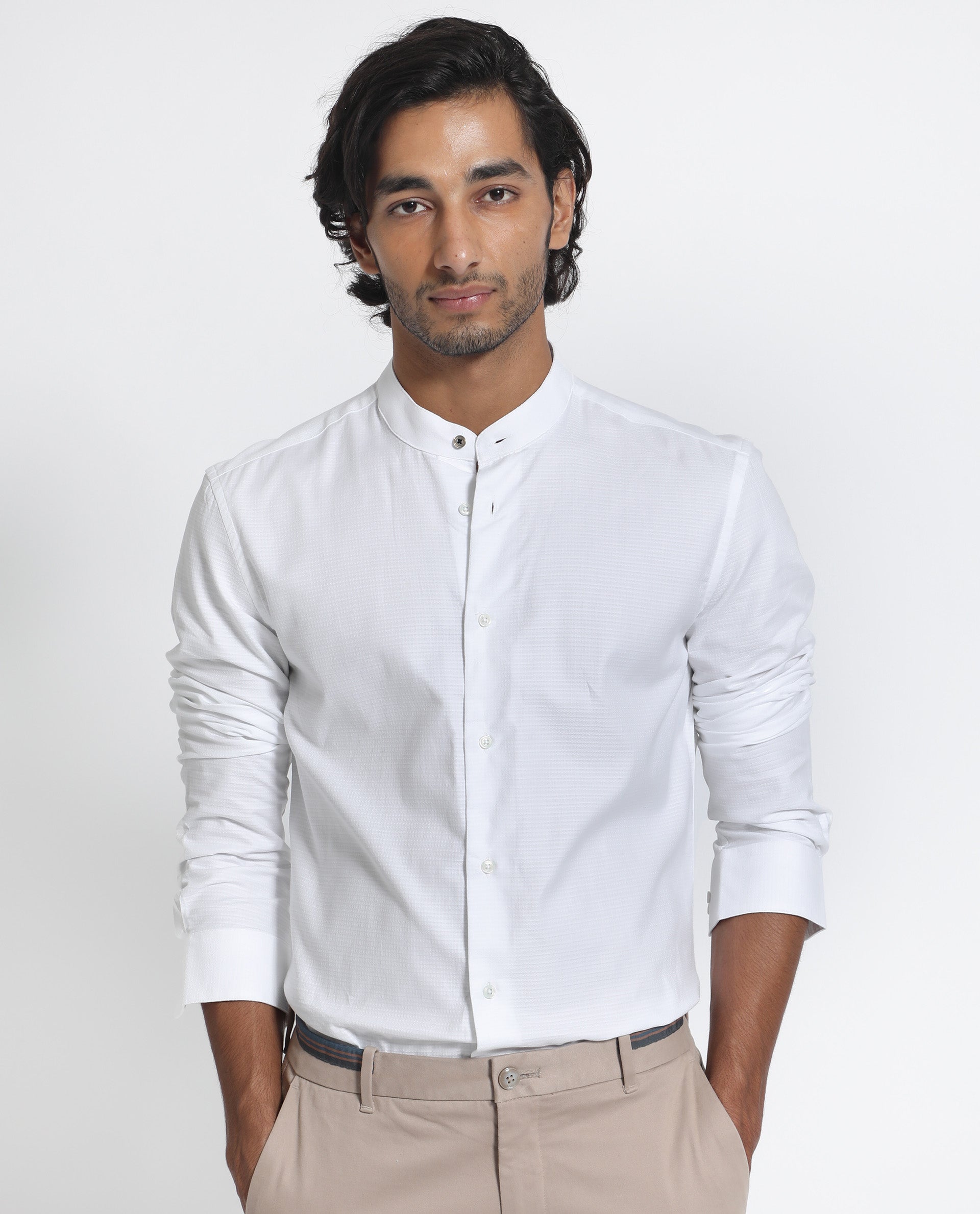 White Mandarin Collar Shirt