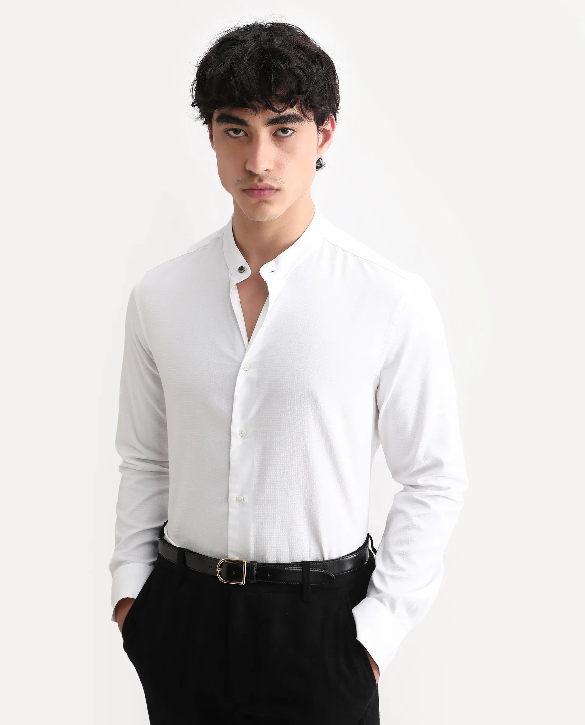 Rare Rabbit Men's Stellar White Cotton Checked Print Regular Fit Full Sleeve Mandarin Collar Shirt