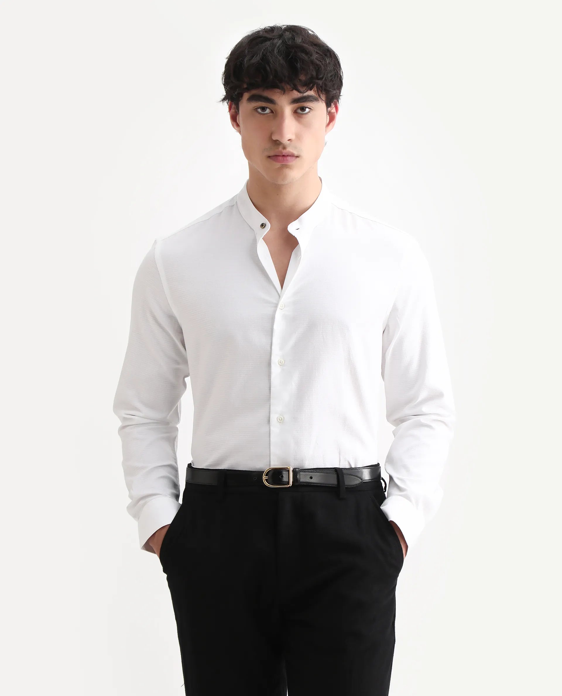 Rare Rabbit Men's Stellar White Cotton Checked Print Regular Fit Full Sleeve Mandarin Collar Shirt