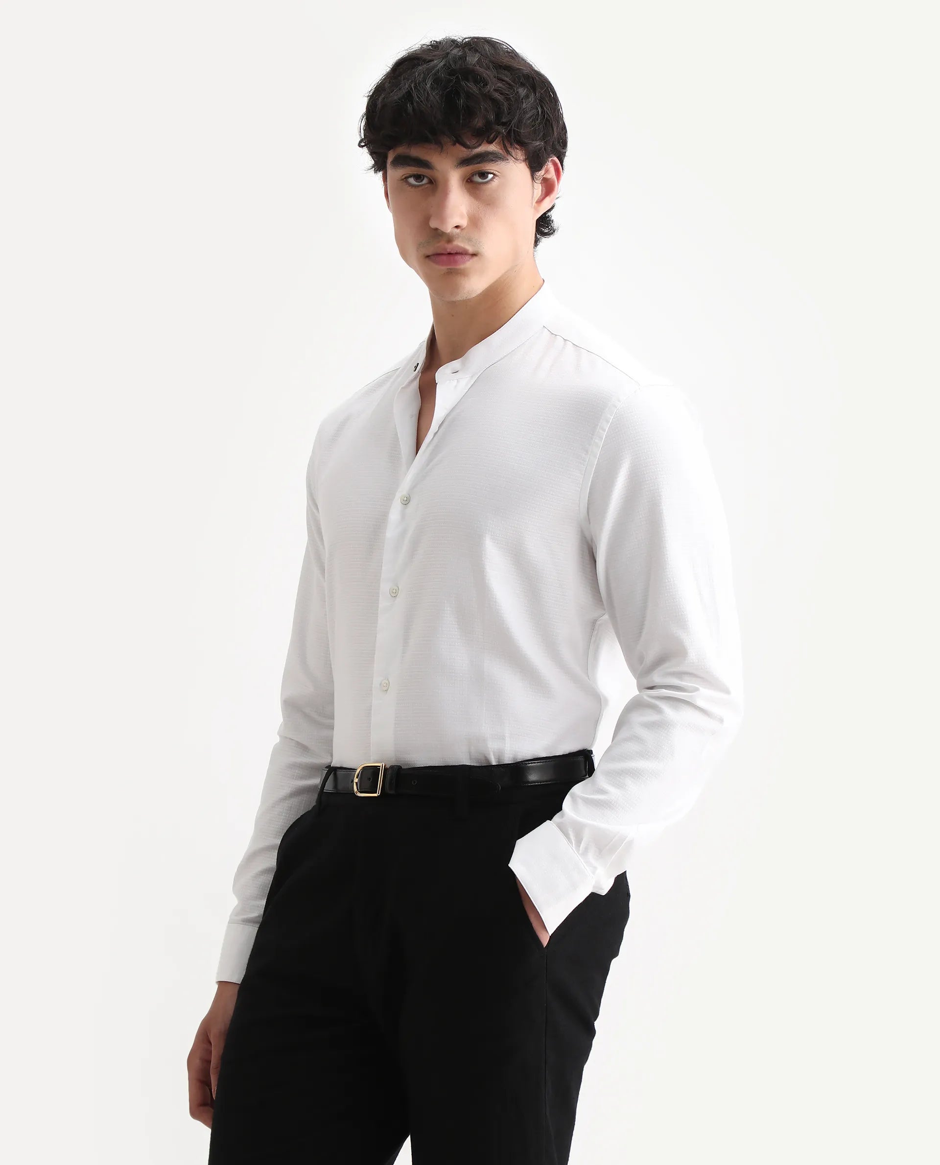 Rare Rabbit Men's Stellar White Cotton Checked Print Regular Fit Full Sleeve Mandarin Collar Shirt