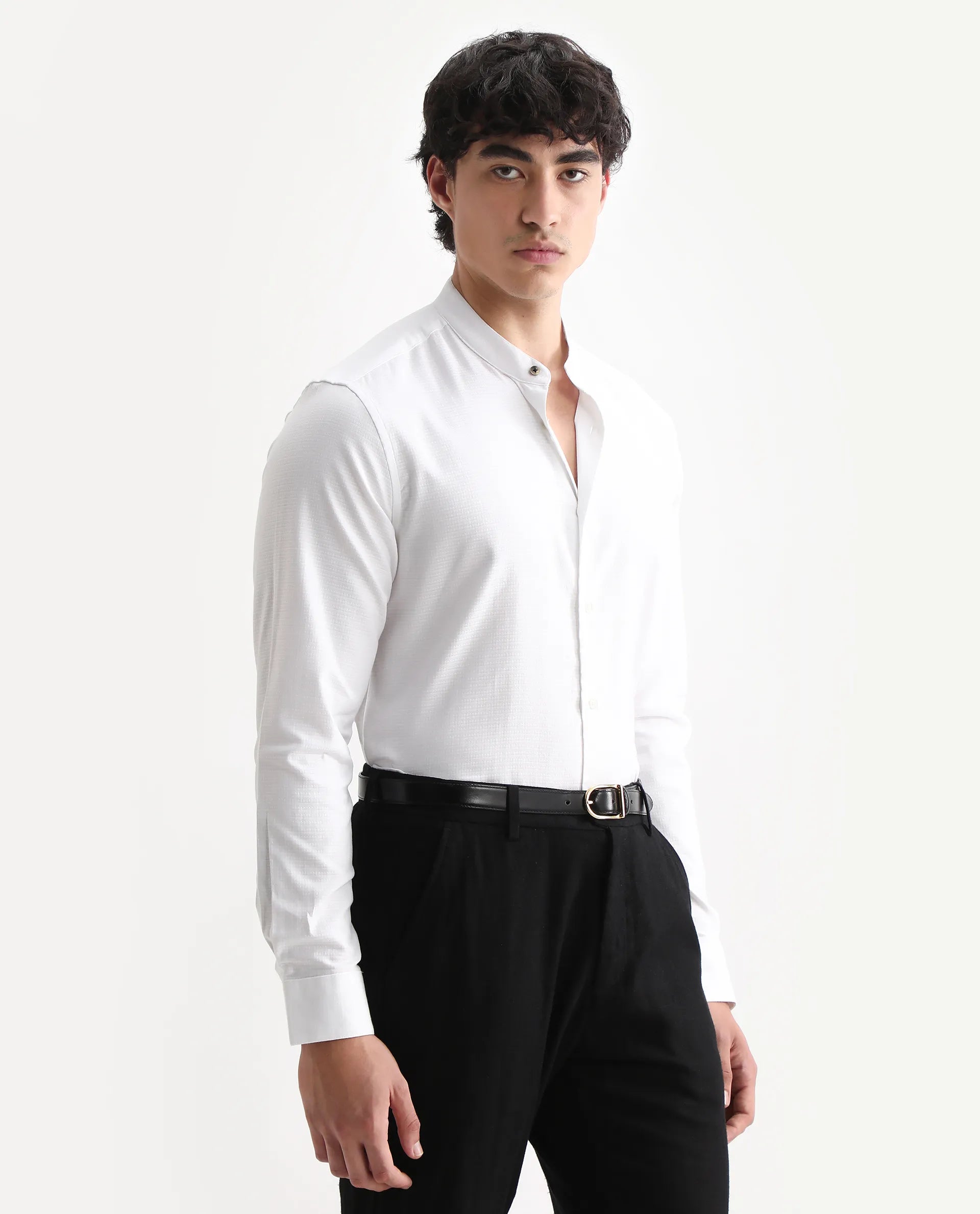 Rare Rabbit Men's Stellar White Cotton Checked Print Regular Fit Full Sleeve Mandarin Collar Shirt