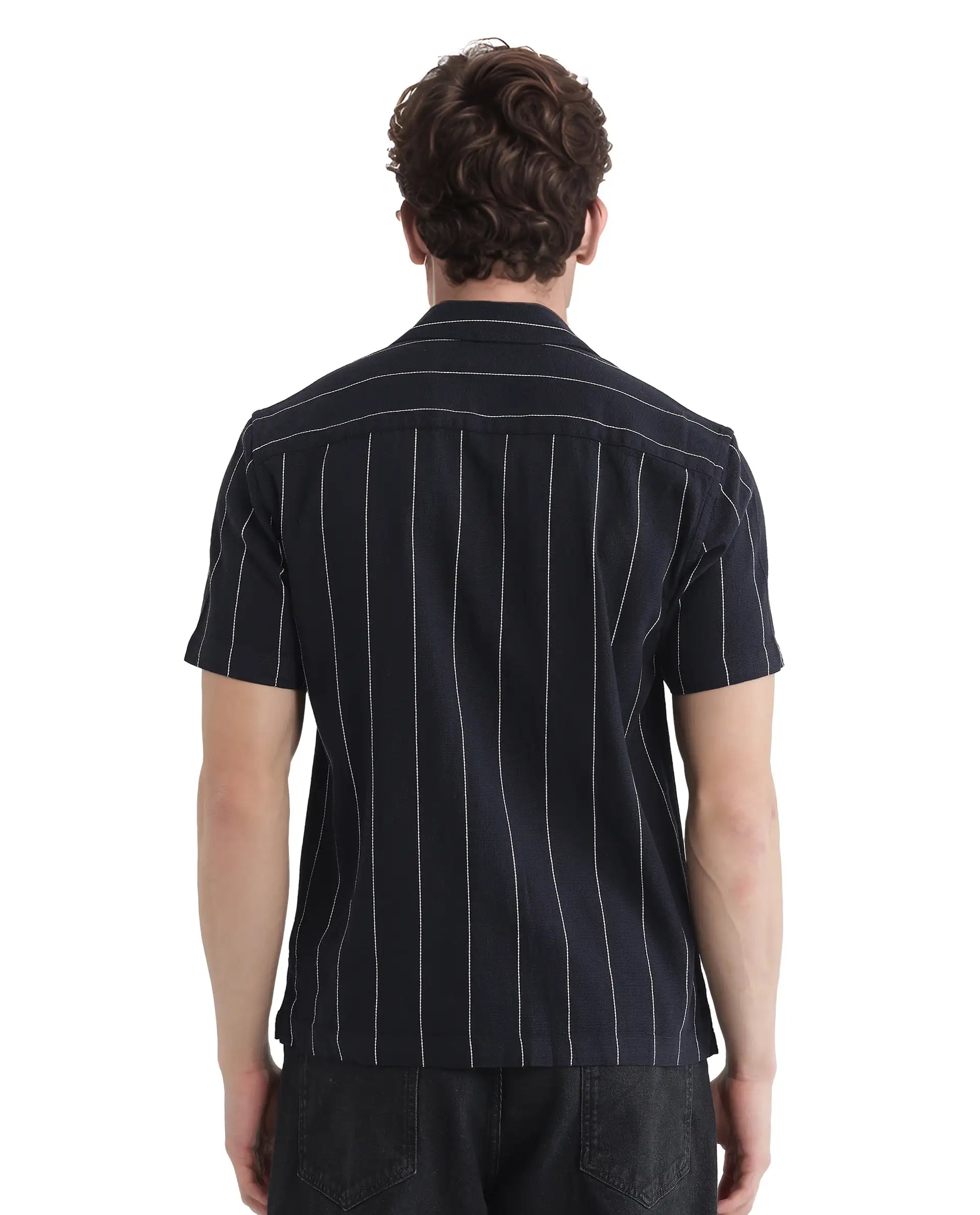 Rare Rabbit Men Ste Navy Cotton Viscose Fabric Half Sleeve Cuban Collar Button Closure Relaxed Fit Striped Shirt