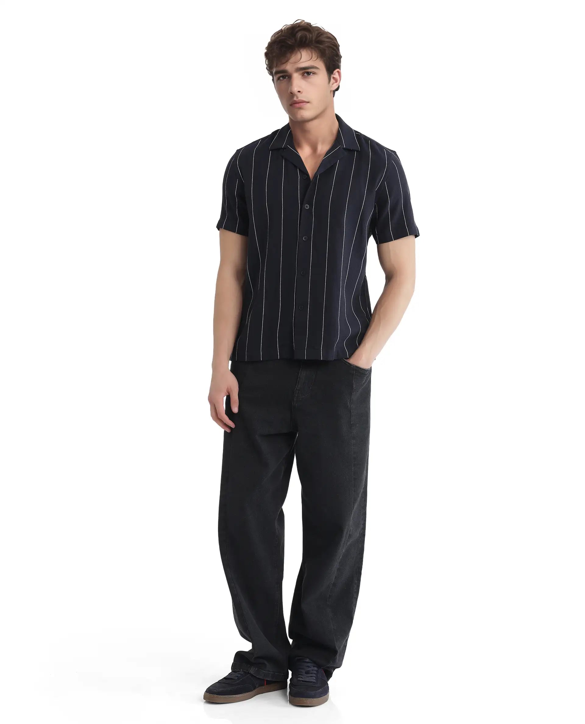 Rare Rabbit Men Ste Navy Cotton Viscose Fabric Half Sleeve Cuban Collar Button Closure Relaxed Fit Striped Shirt