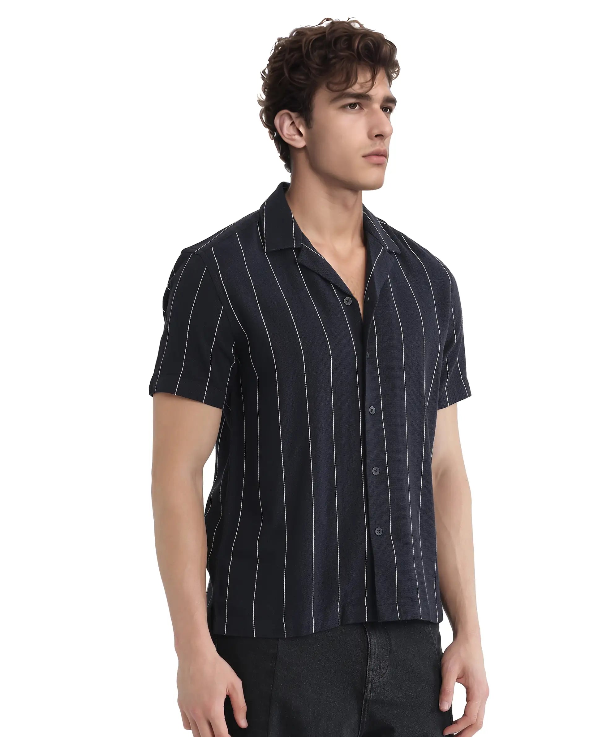 Rare Rabbit Men Ste Navy Cotton Viscose Fabric Half Sleeve Cuban Collar Button Closure Relaxed Fit Striped Shirt