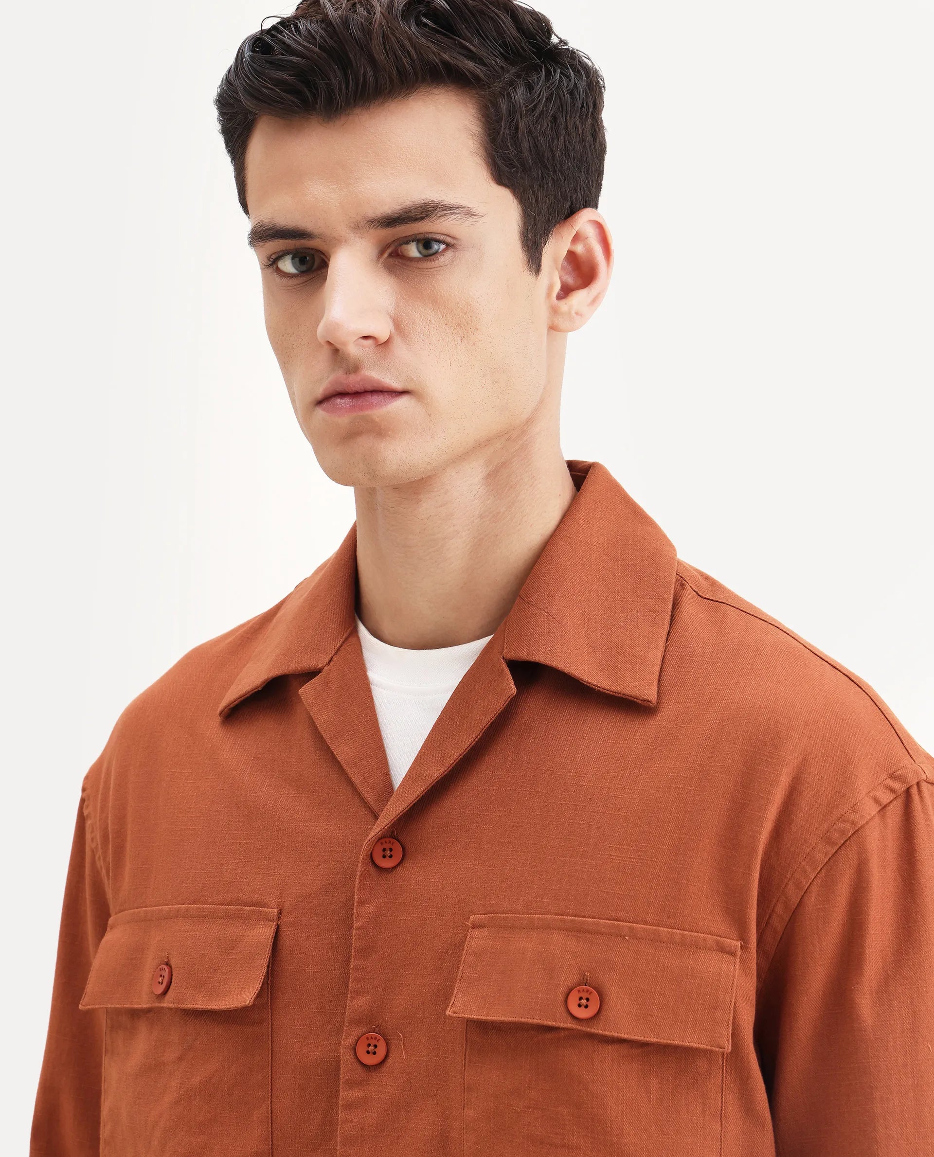 Rare Rabbit Men's Stenay Rust Cotton Blend Embroidered Regular Fit Full Sleeve Cuban Collar Shirt