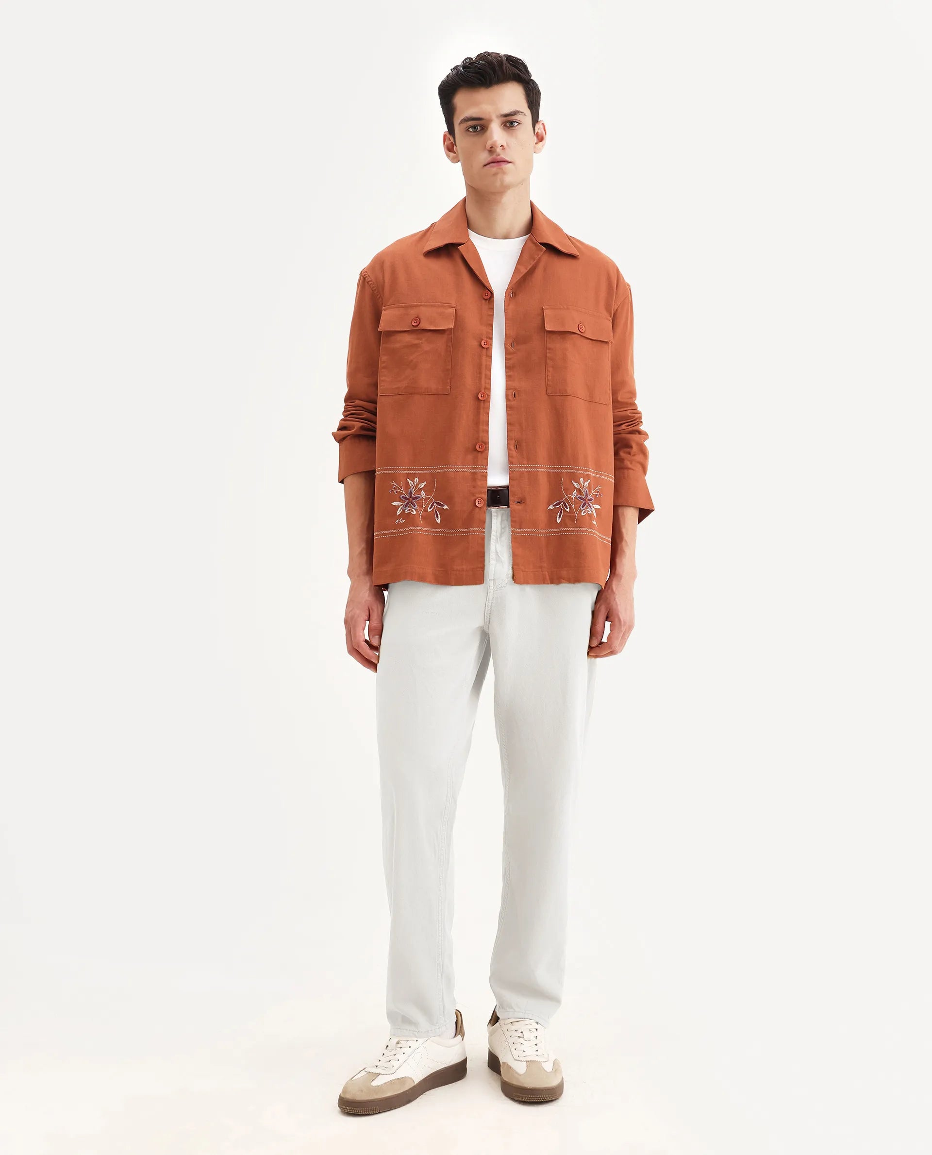 Rare Rabbit Men's Stenay Rust Cotton Blend Embroidered Regular Fit Full Sleeve Cuban Collar Shirt