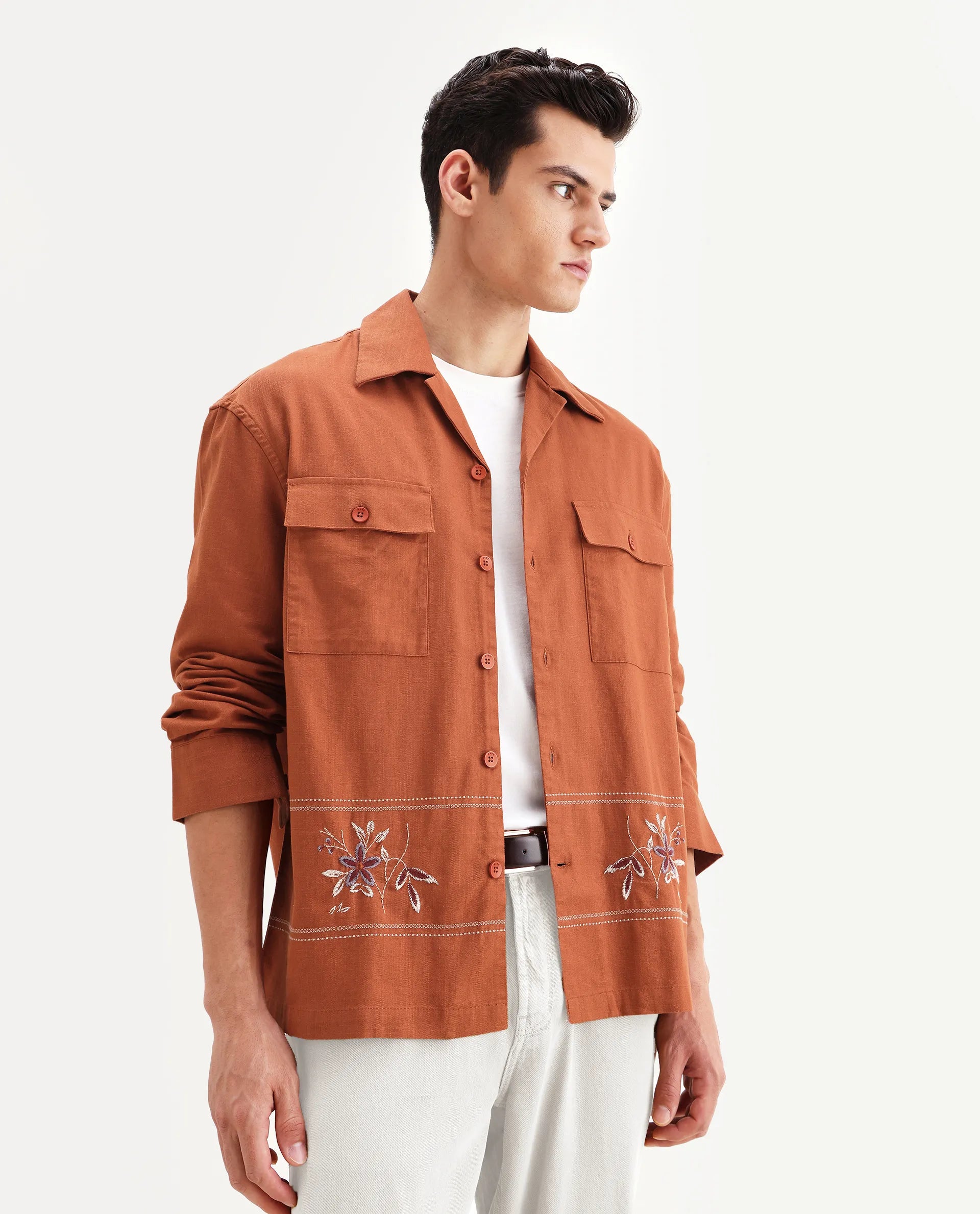 Rare Rabbit Men's Stenay Rust Cotton Blend Embroidered Regular Fit Full Sleeve Cuban Collar Shirt