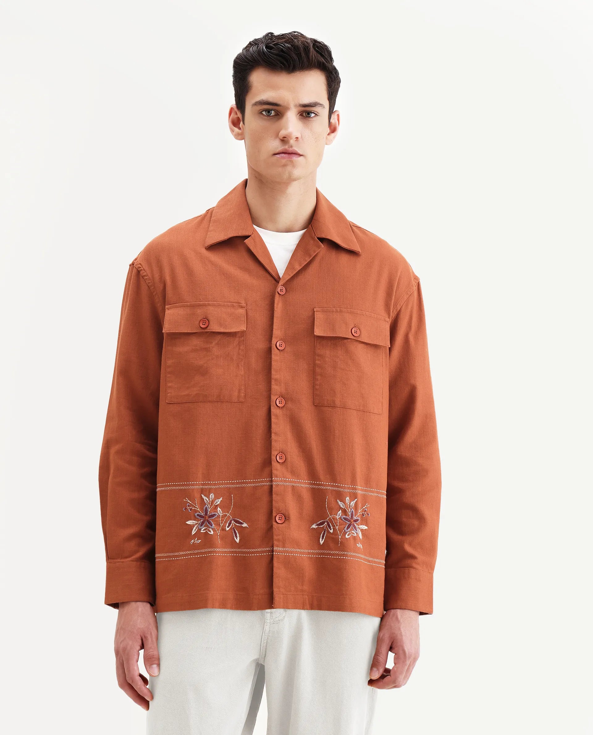 Rare Rabbit Men's Stenay Rust Cotton Blend Embroidered Regular Fit Full Sleeve Cuban Collar Shirt