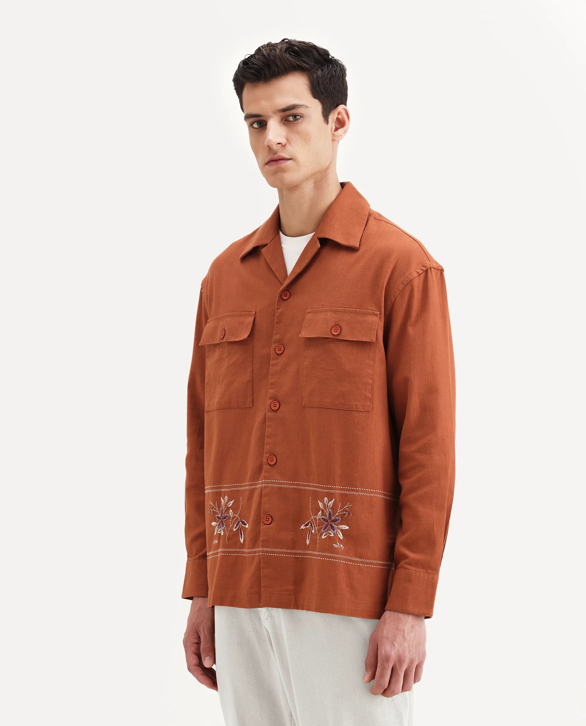 Rare Rabbit Men's Stenay Rust Cotton Blend Embroidered Regular Fit Full Sleeve Cuban Collar Shirt