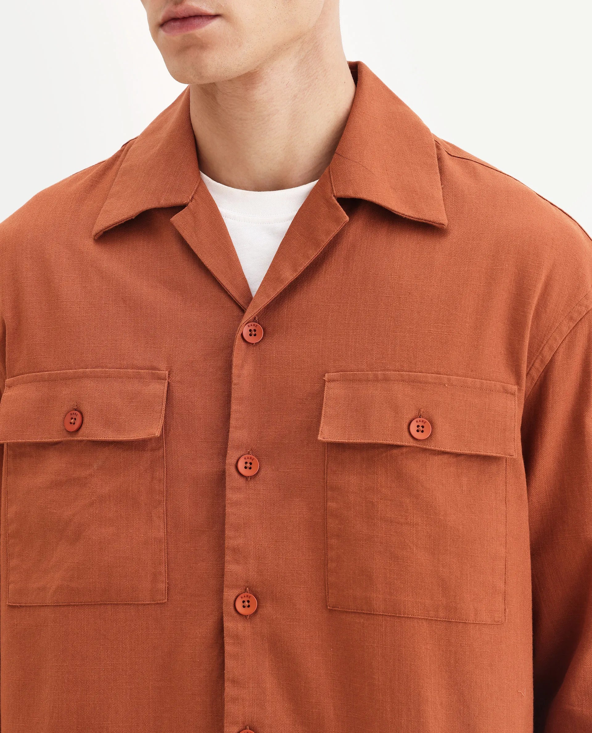 Rare Rabbit Men's Stenay Rust Cotton Blend Embroidered Regular Fit Full Sleeve Cuban Collar Shirt