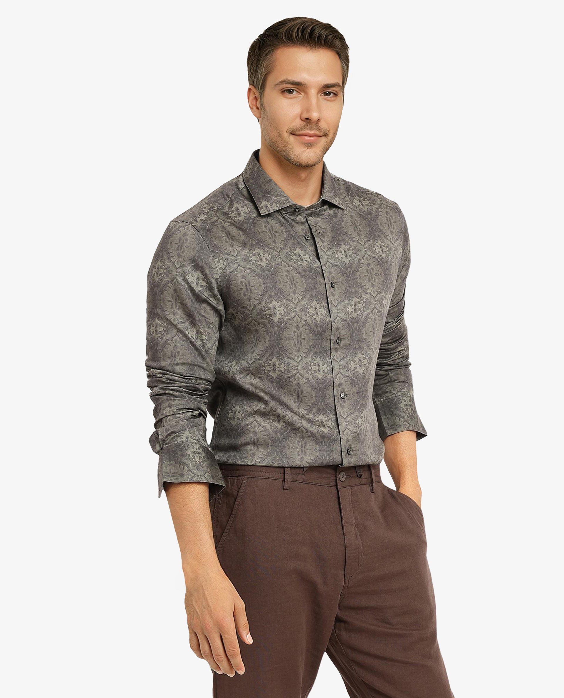 Rare Rabbit Men Steno Dark Olive Full Sleeve Regular Fit Decorative Print Shirt