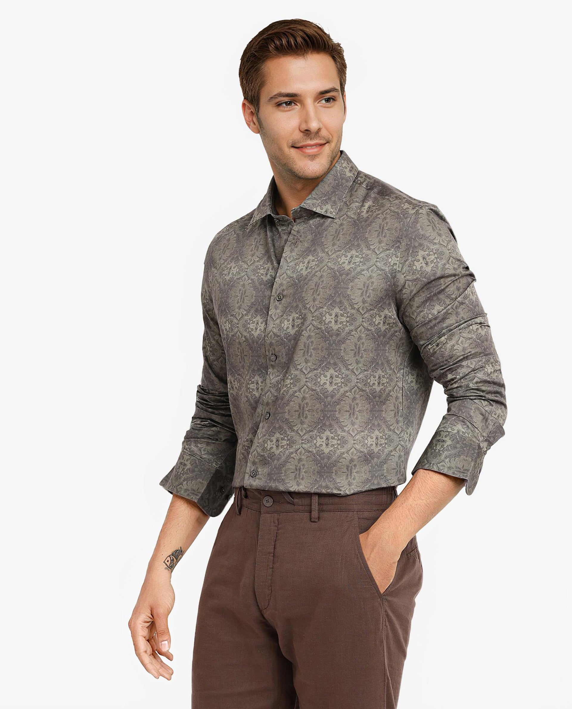Rare Rabbit Men Steno Dark Olive Full Sleeve Regular Fit Decorative Print Shirt