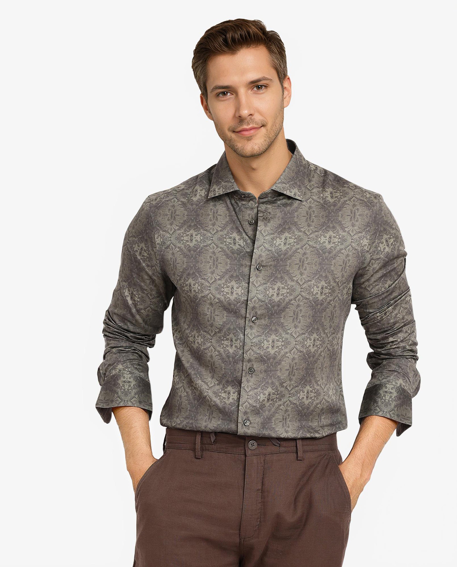 Rare Rabbit Men Steno Dark Olive Full Sleeve Regular Fit Decorative Print Shirt