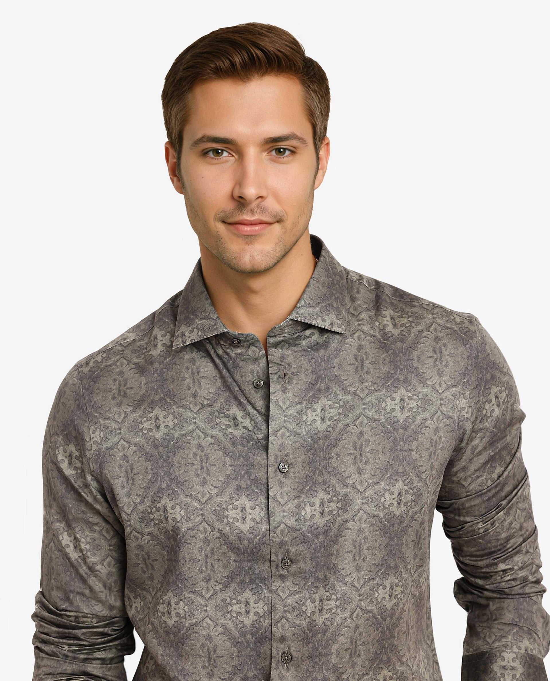 Rare Rabbit Men Steno Dark Olive Full Sleeve Regular Fit Decorative Print Shirt