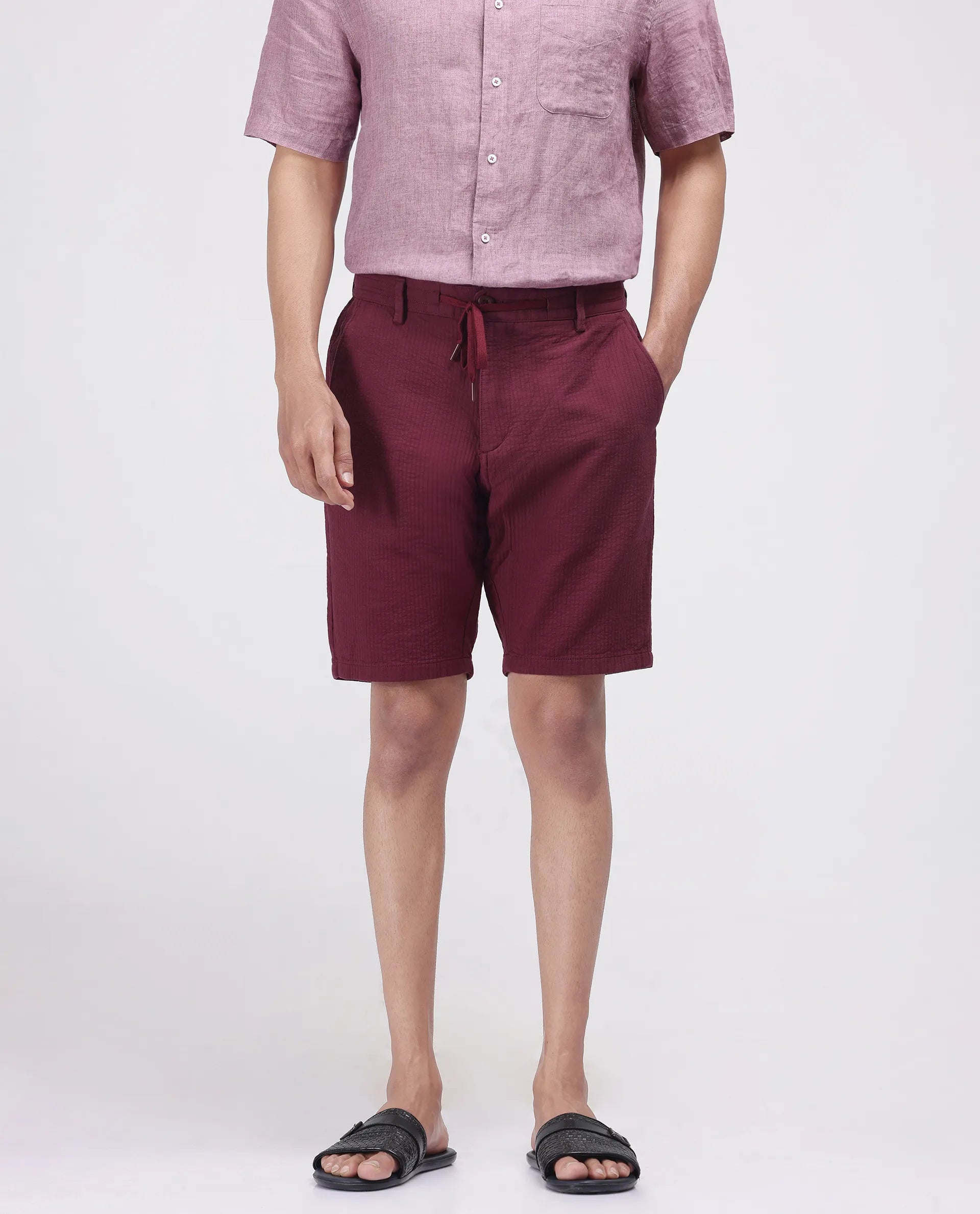 Rare Rabbit Men's Steo Maroon Cotton Blend Fabric Relaxed Fit Plain Shorts