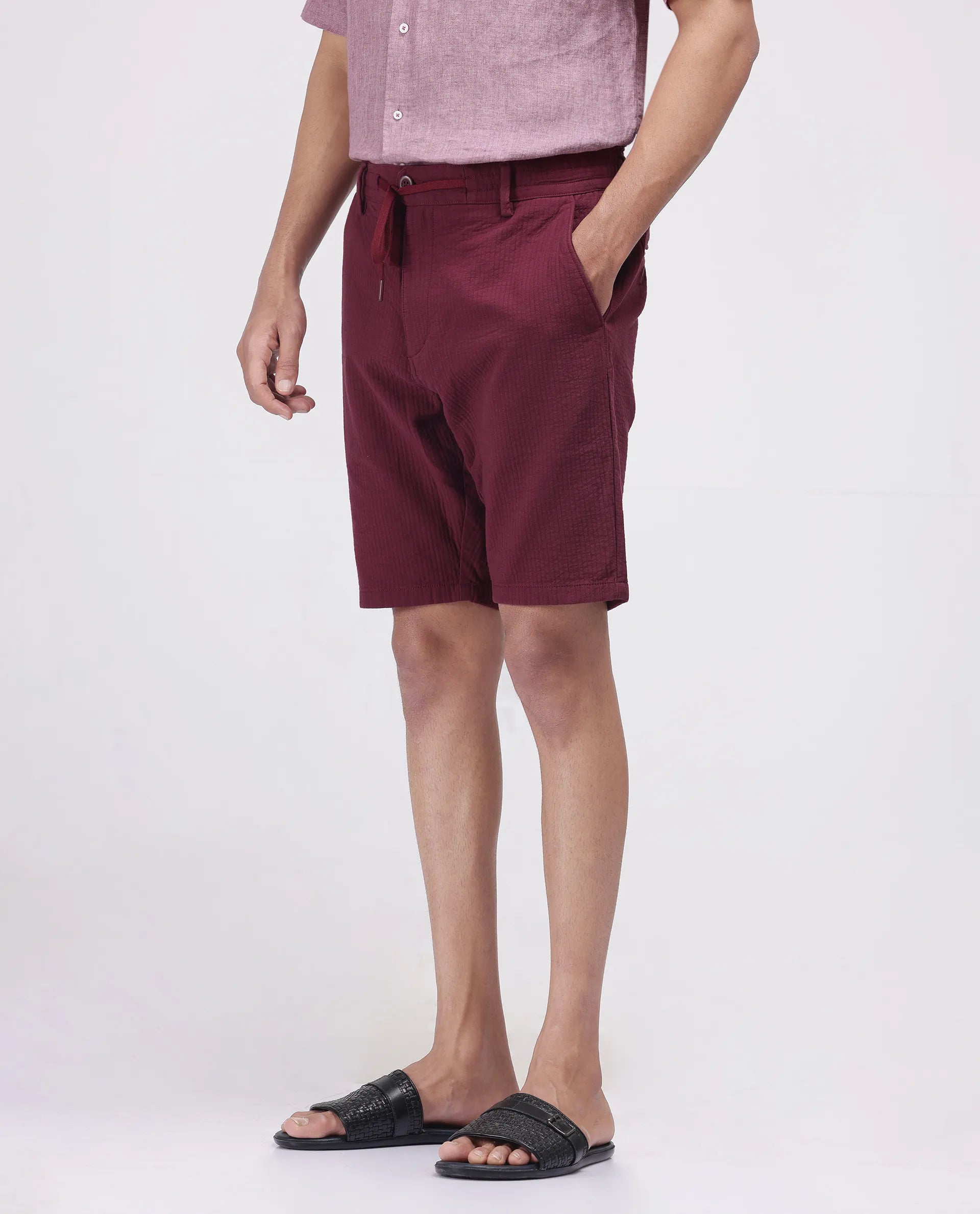 Rare Rabbit Men's Steo Maroon Cotton Blend Fabric Relaxed Fit Plain Shorts