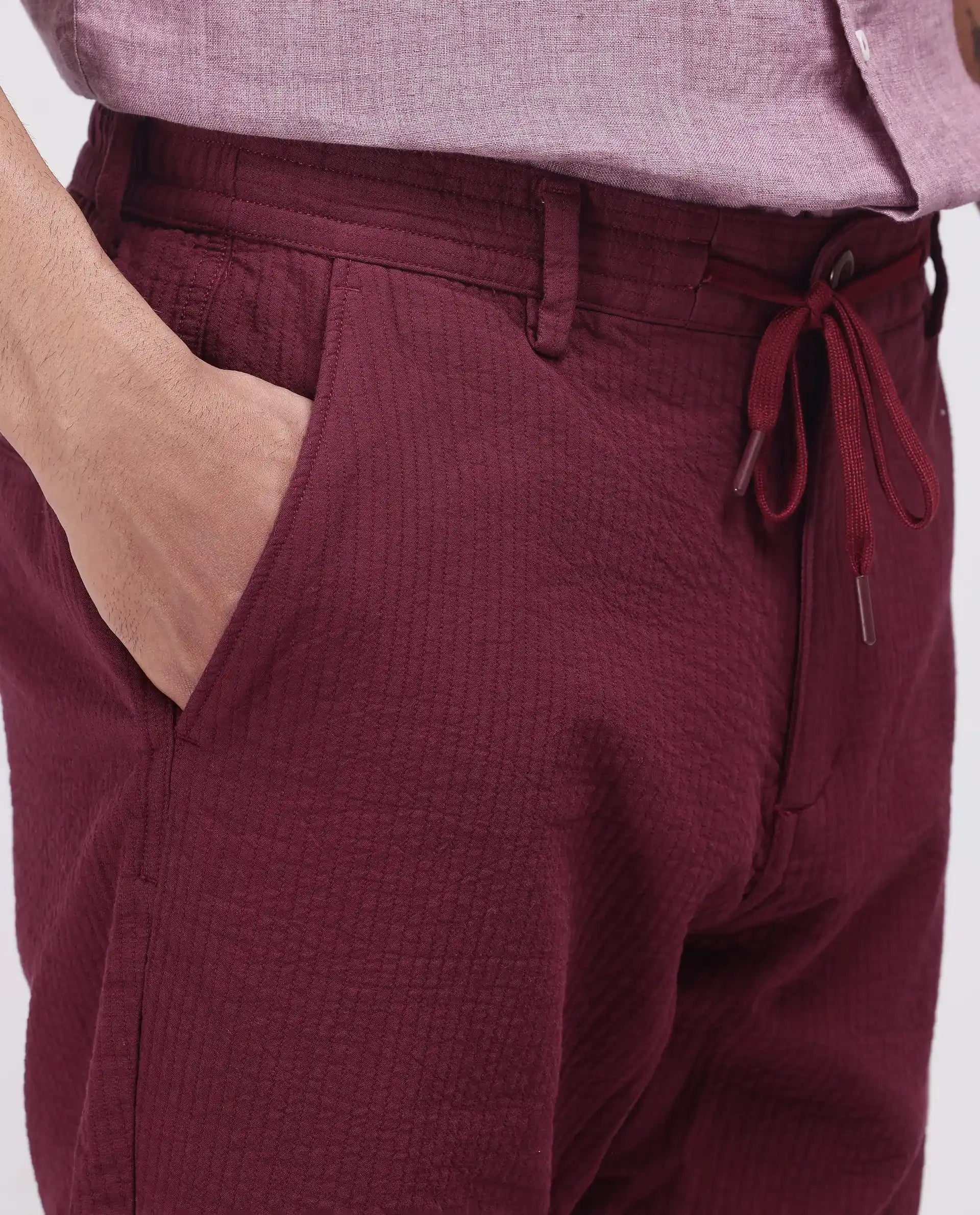 Rare Rabbit Men's Steo Maroon Cotton Blend Fabric Relaxed Fit Plain Shorts