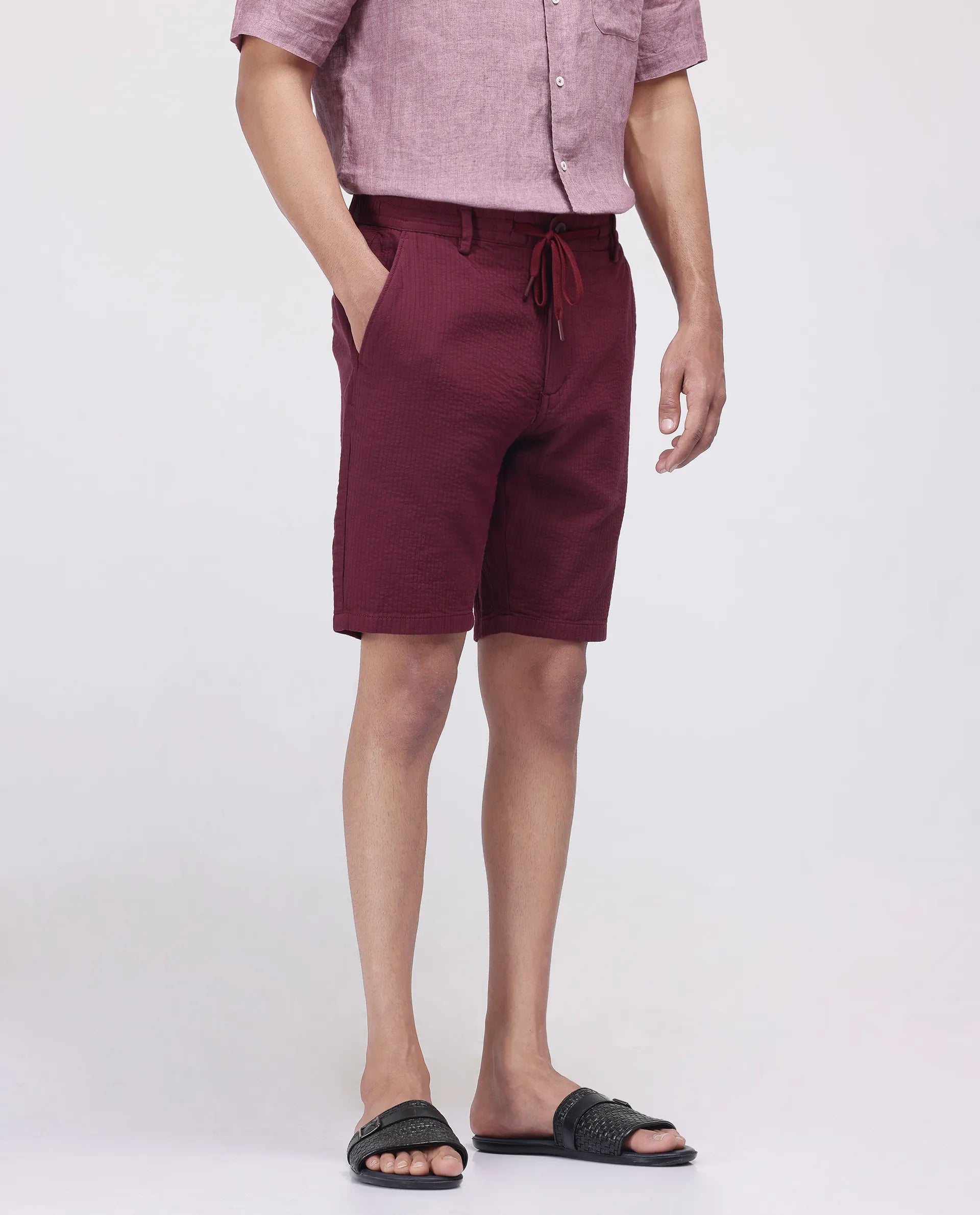 Rare Rabbit Men's Steo Maroon Cotton Blend Fabric Relaxed Fit Plain Shorts