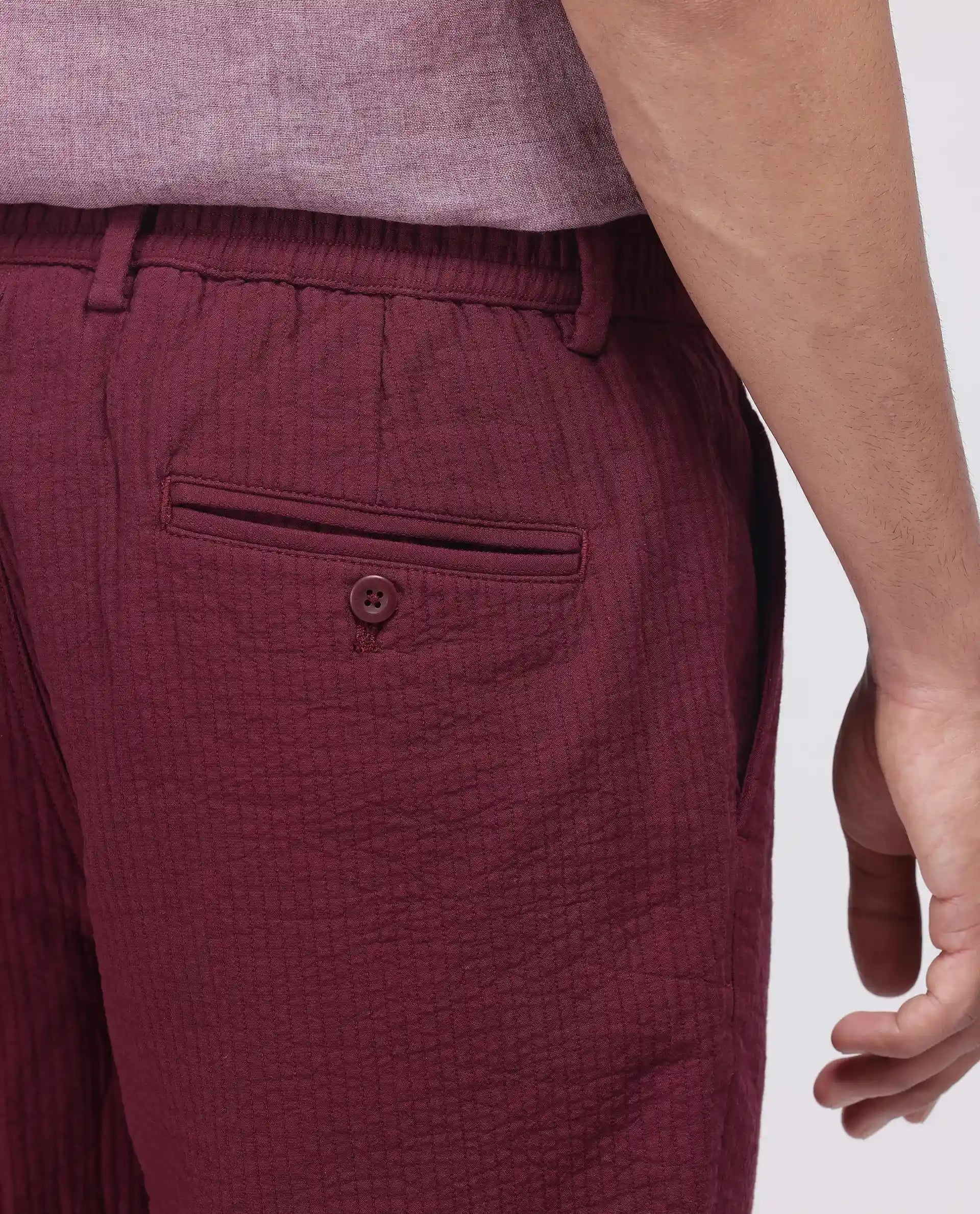 Rare Rabbit Men's Steo Maroon Cotton Blend Fabric Relaxed Fit Plain Shorts