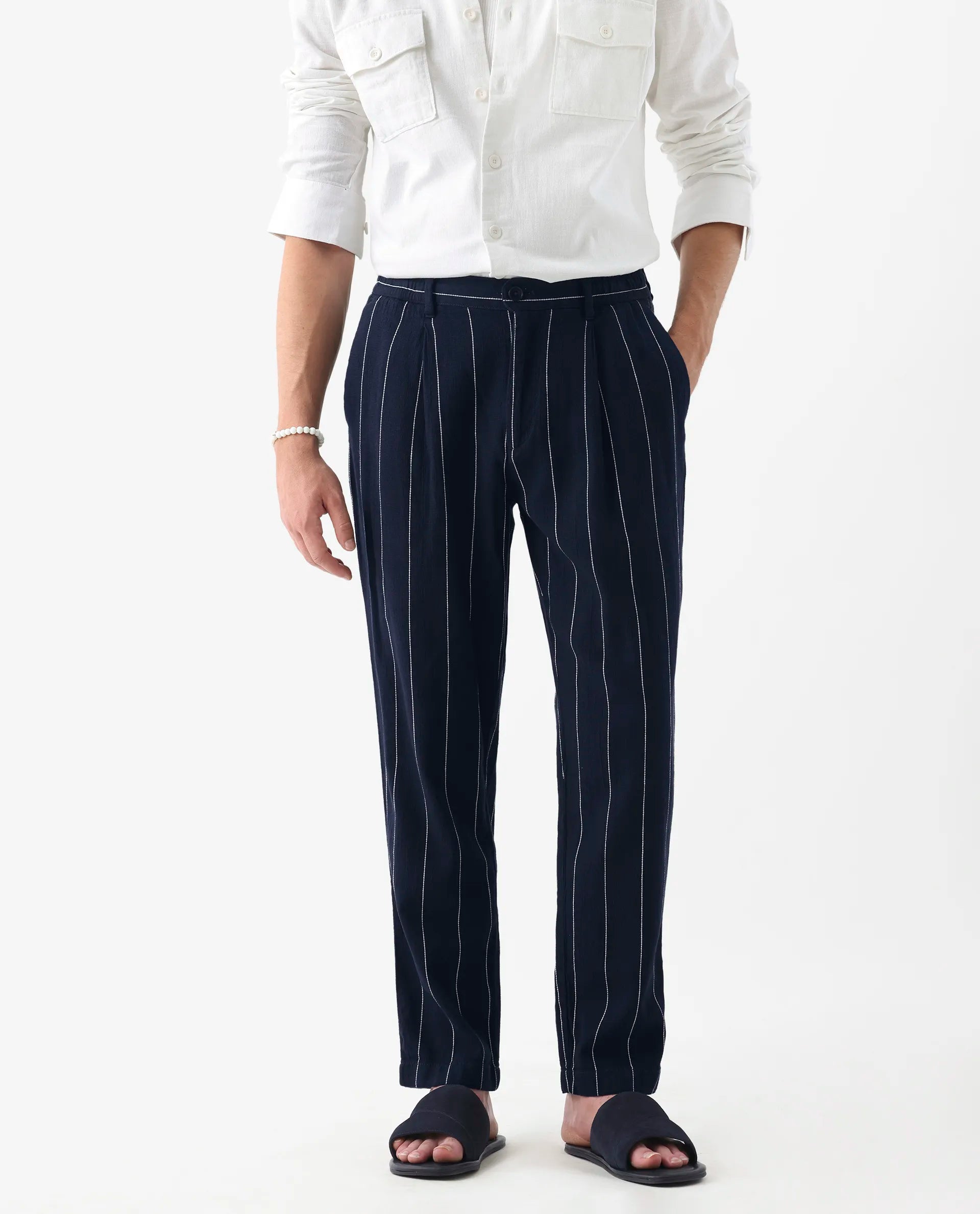 Rare Rabbit Men's Stet Navy Linen Blend Striped Print Relaxed Fit Trouser